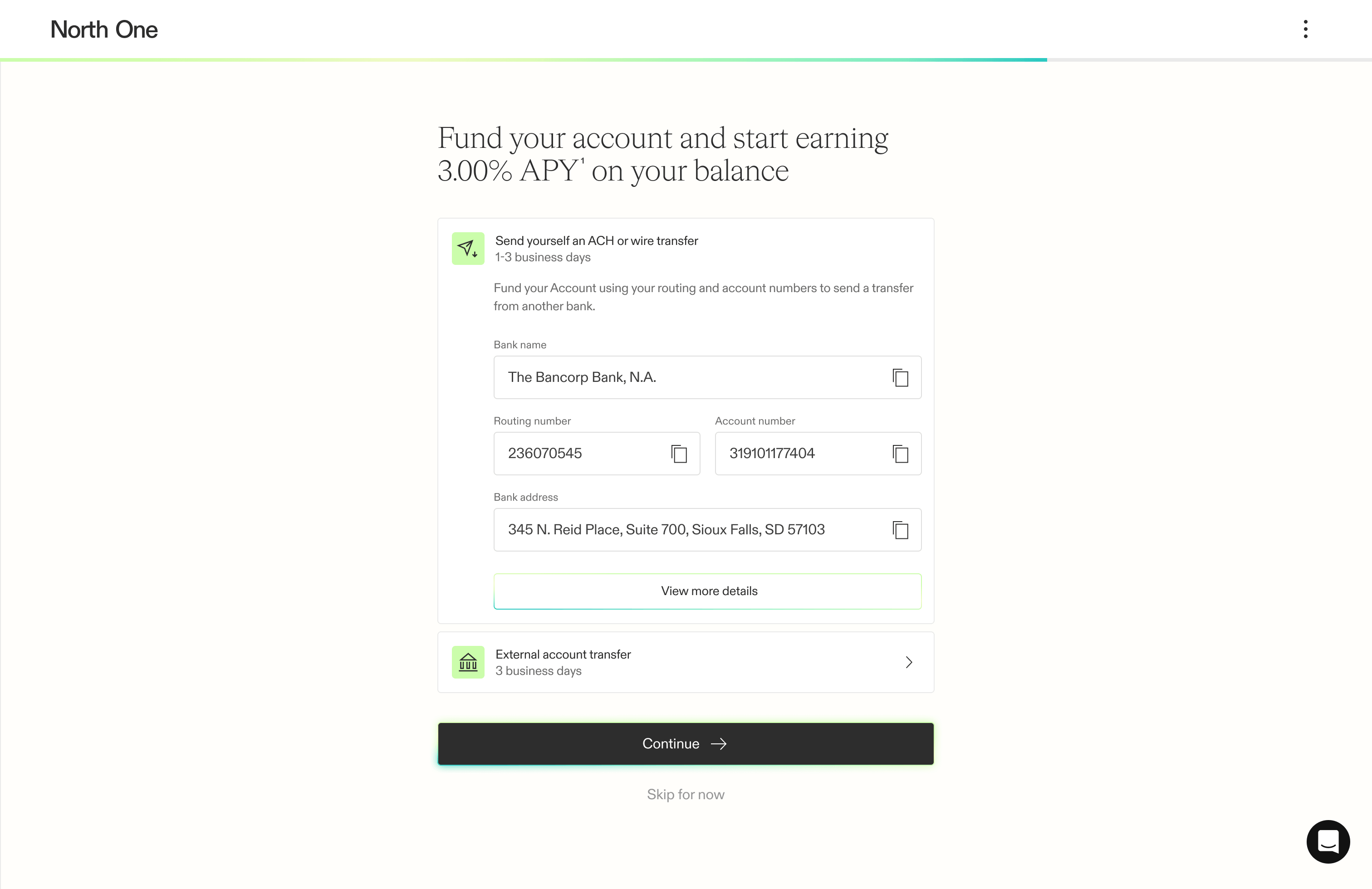 Screenshot from the North One zero state guided experience showing the funding screen