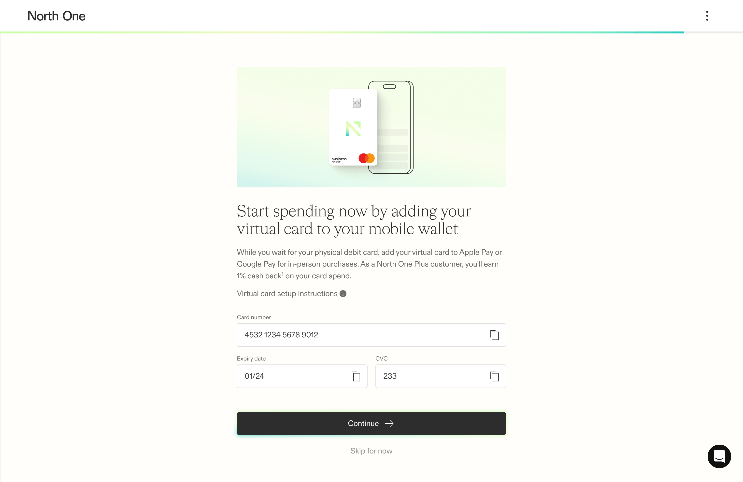 Screenshot from the North One zero state guided experience showing the virtual card screen
