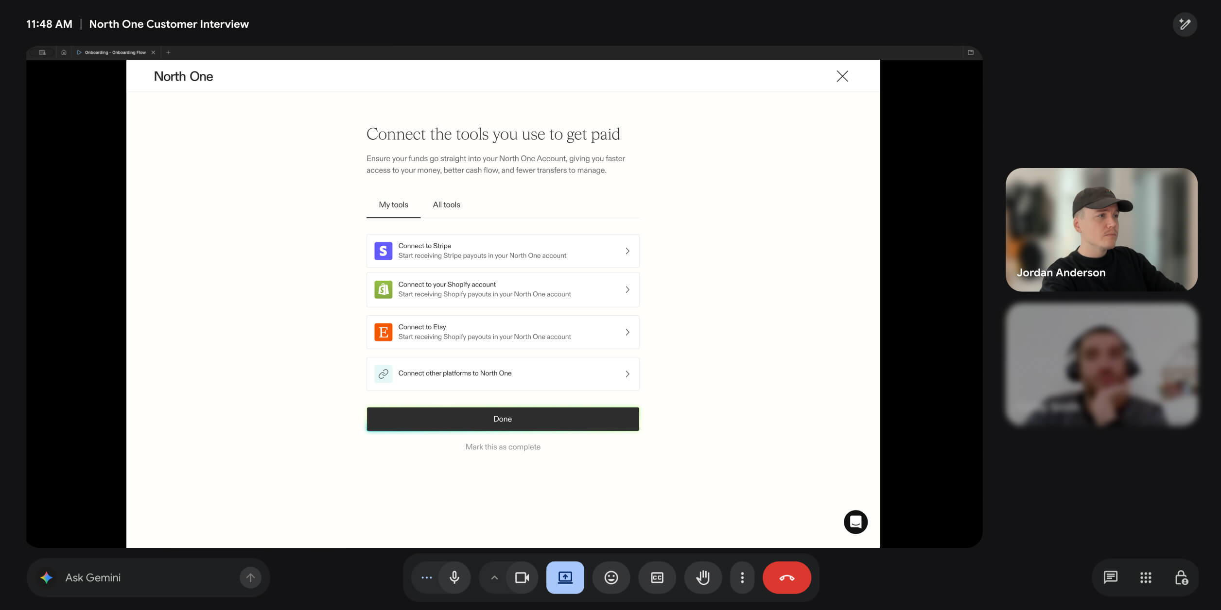 A screenshot of a North One customer and Jordan talking on a Google Meet call while looking at the zero state flow