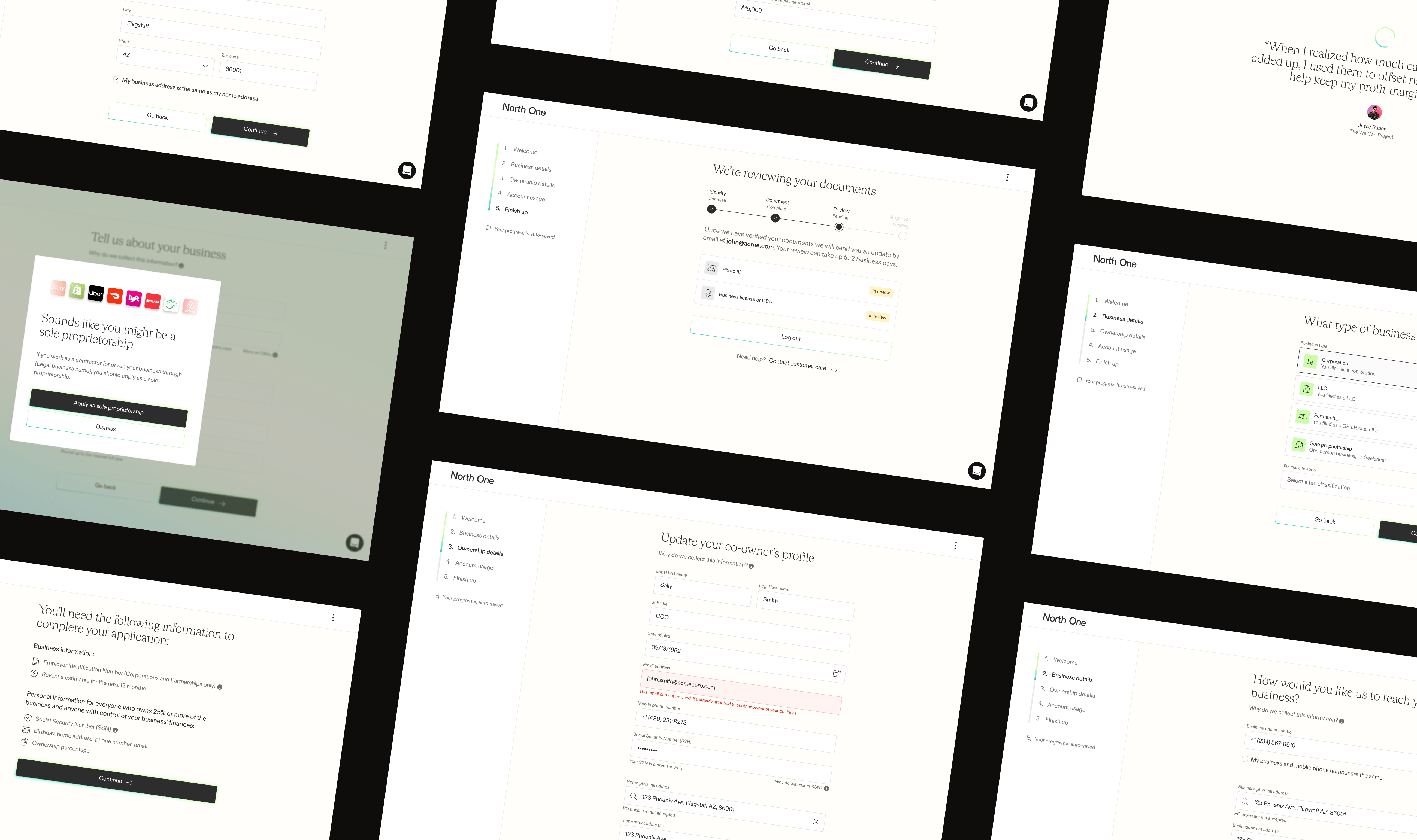 Another screenshot grid of various screens from the North One sign up flow