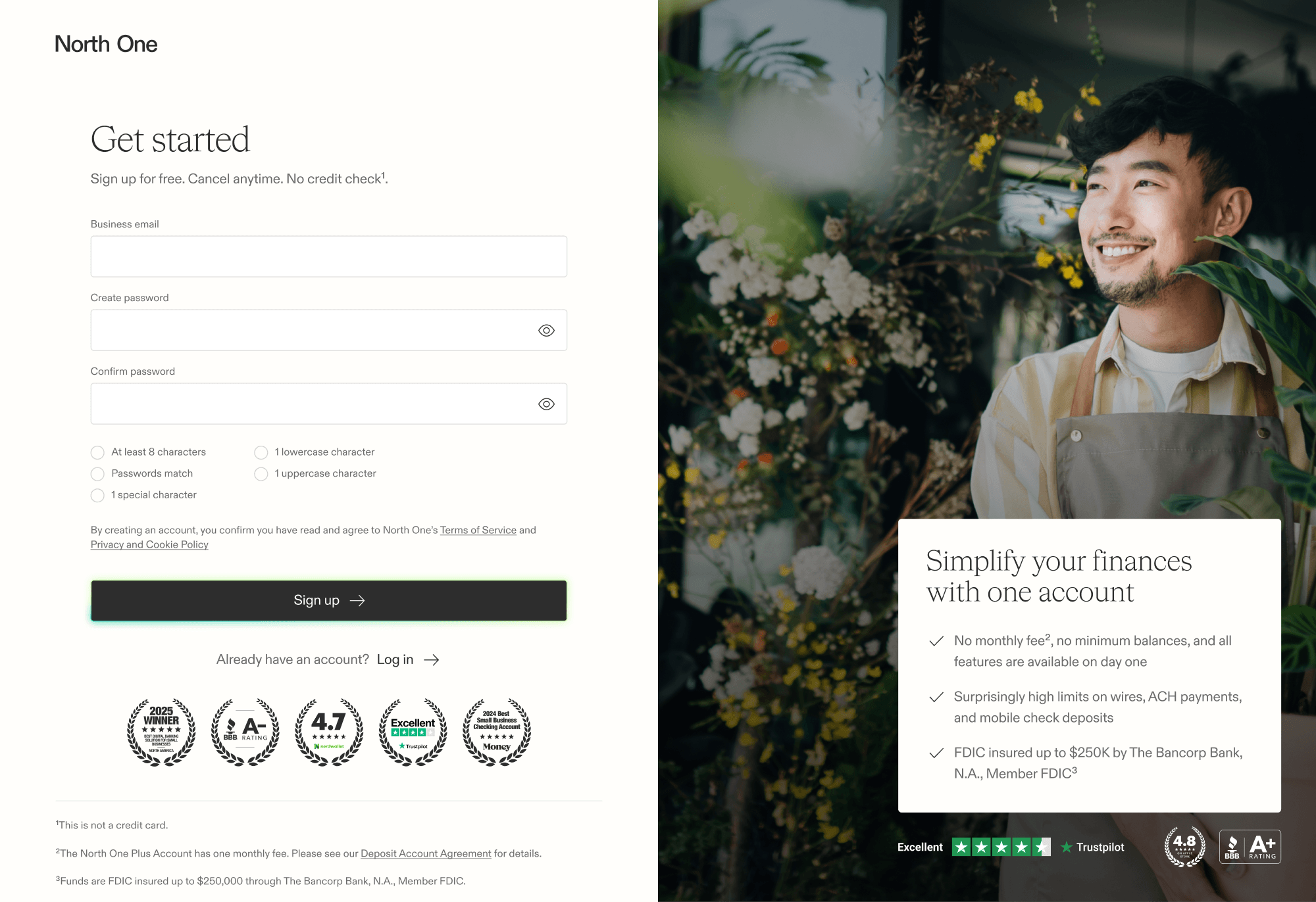 A screenshot from the North One web app showing the sign up screen design