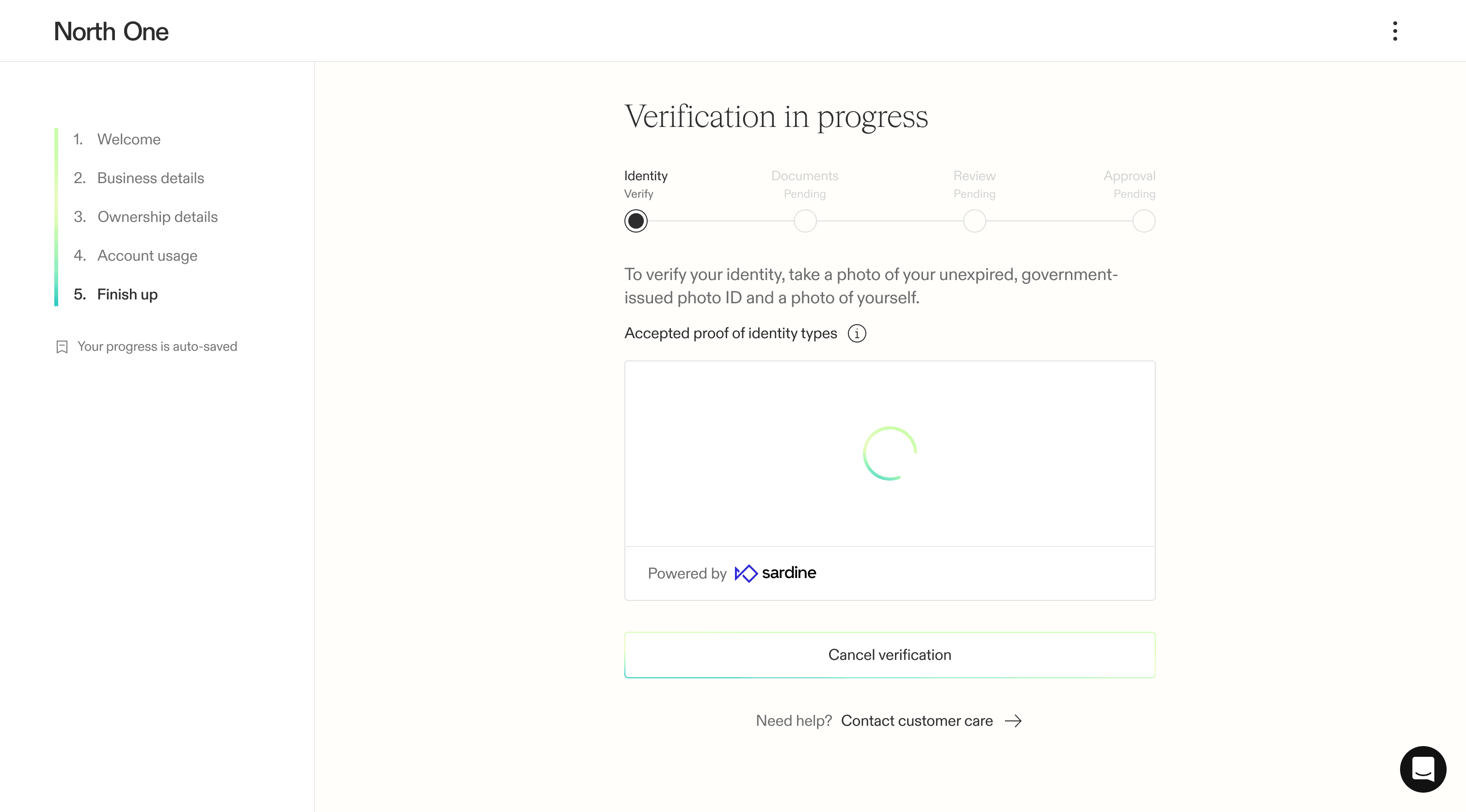 Screenshot from the North One sign up flow of the identity verification in-progress screen