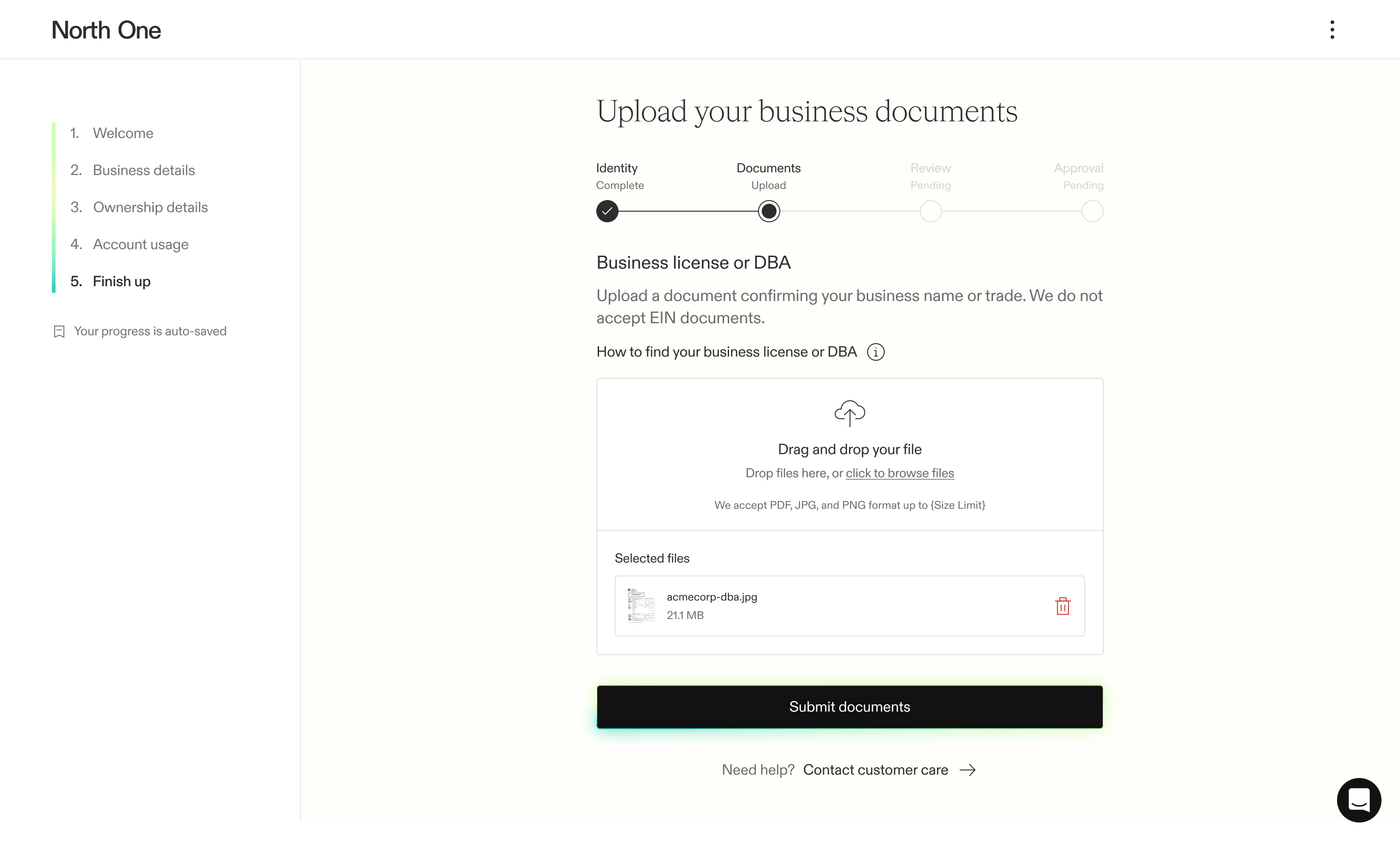Screenshot from the North One sign up flow of the submit business documents screen with a document uploaded