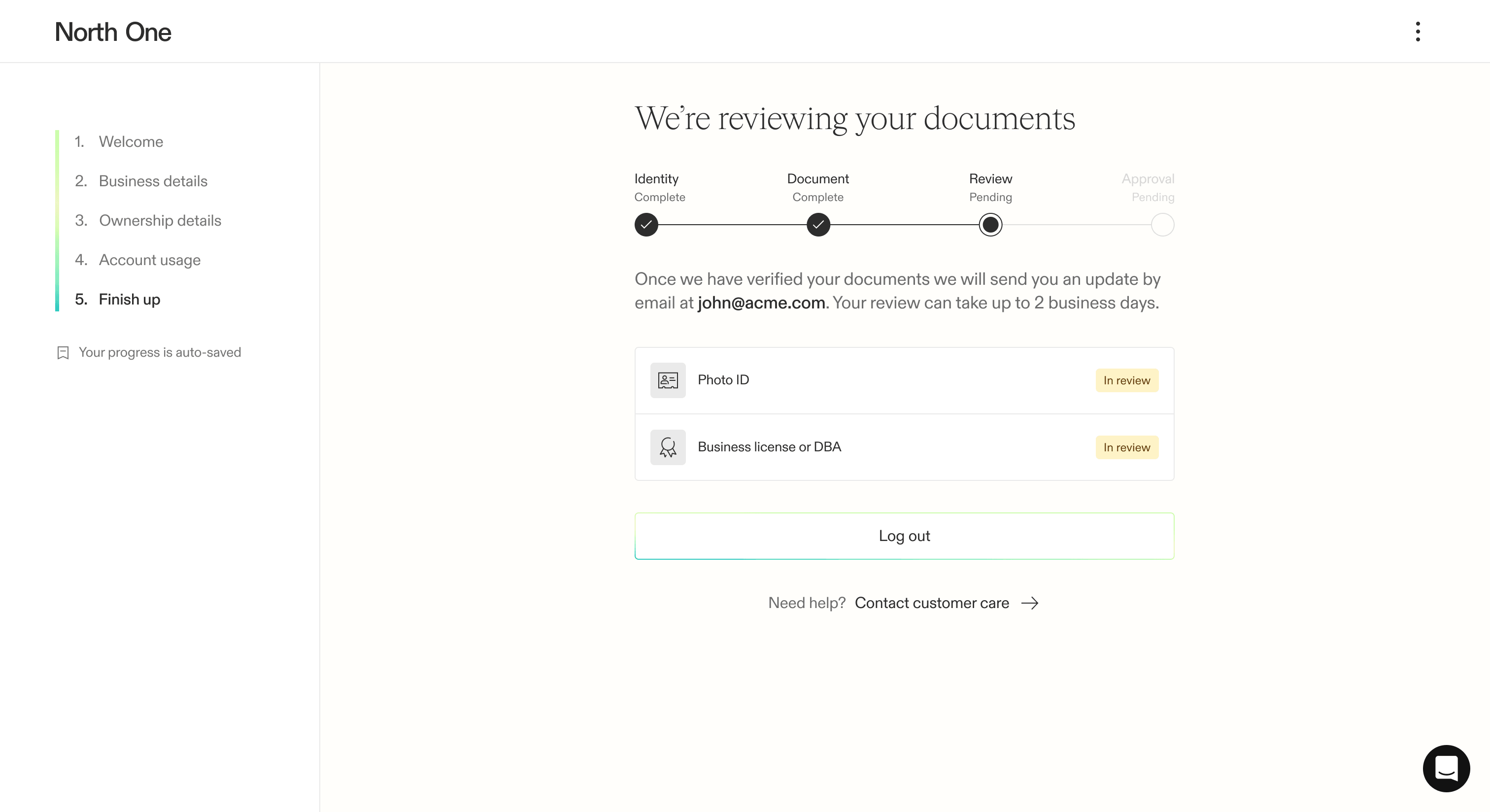 Screenshot from the North One sign up flow of the documents in-review state