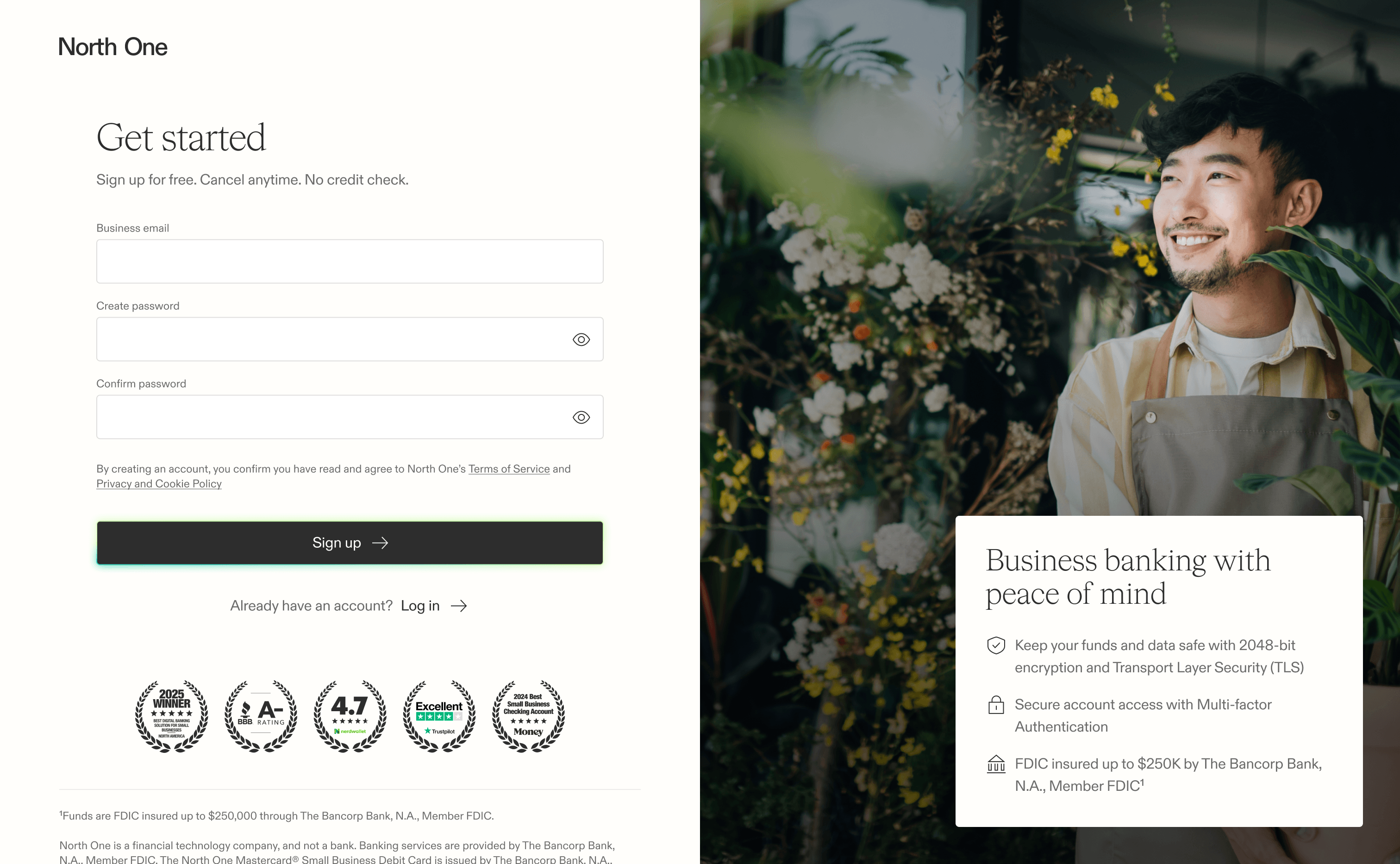 Screenshot of the sign up page on the marketing website