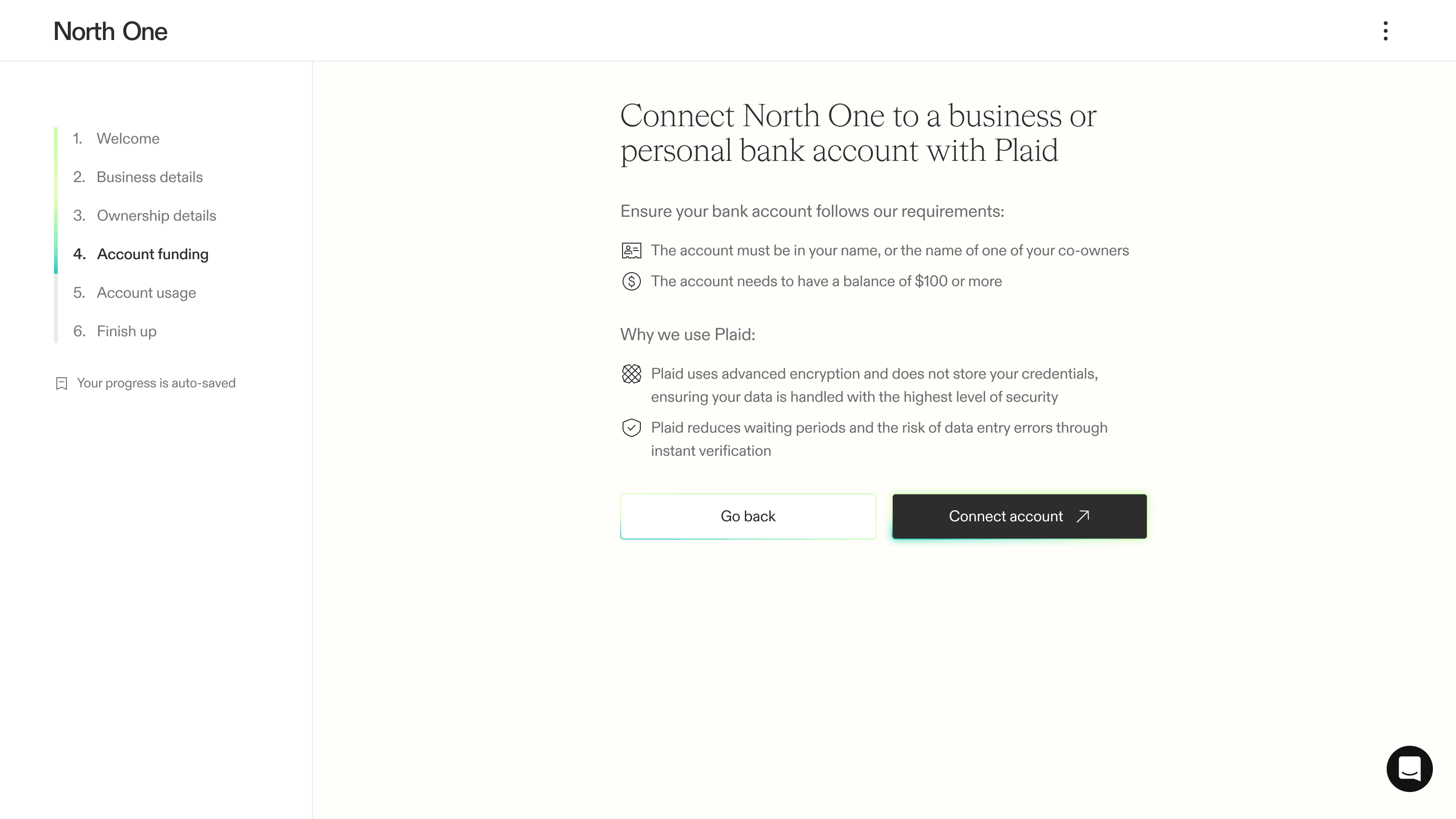 Screenshot from the North One sign up flow of the funding screen