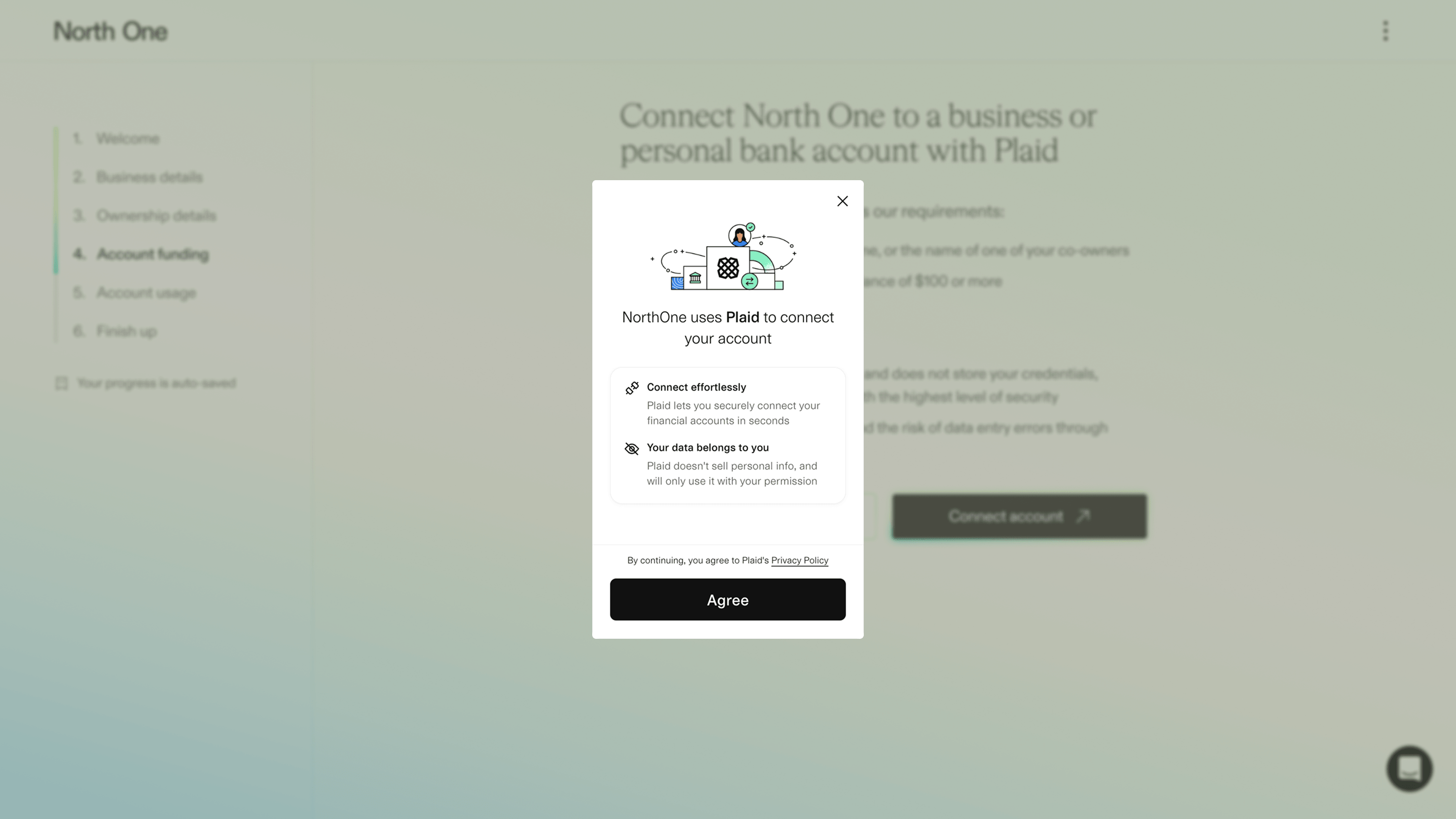 Screenshot from the North One sign up flow of the Plaid modal