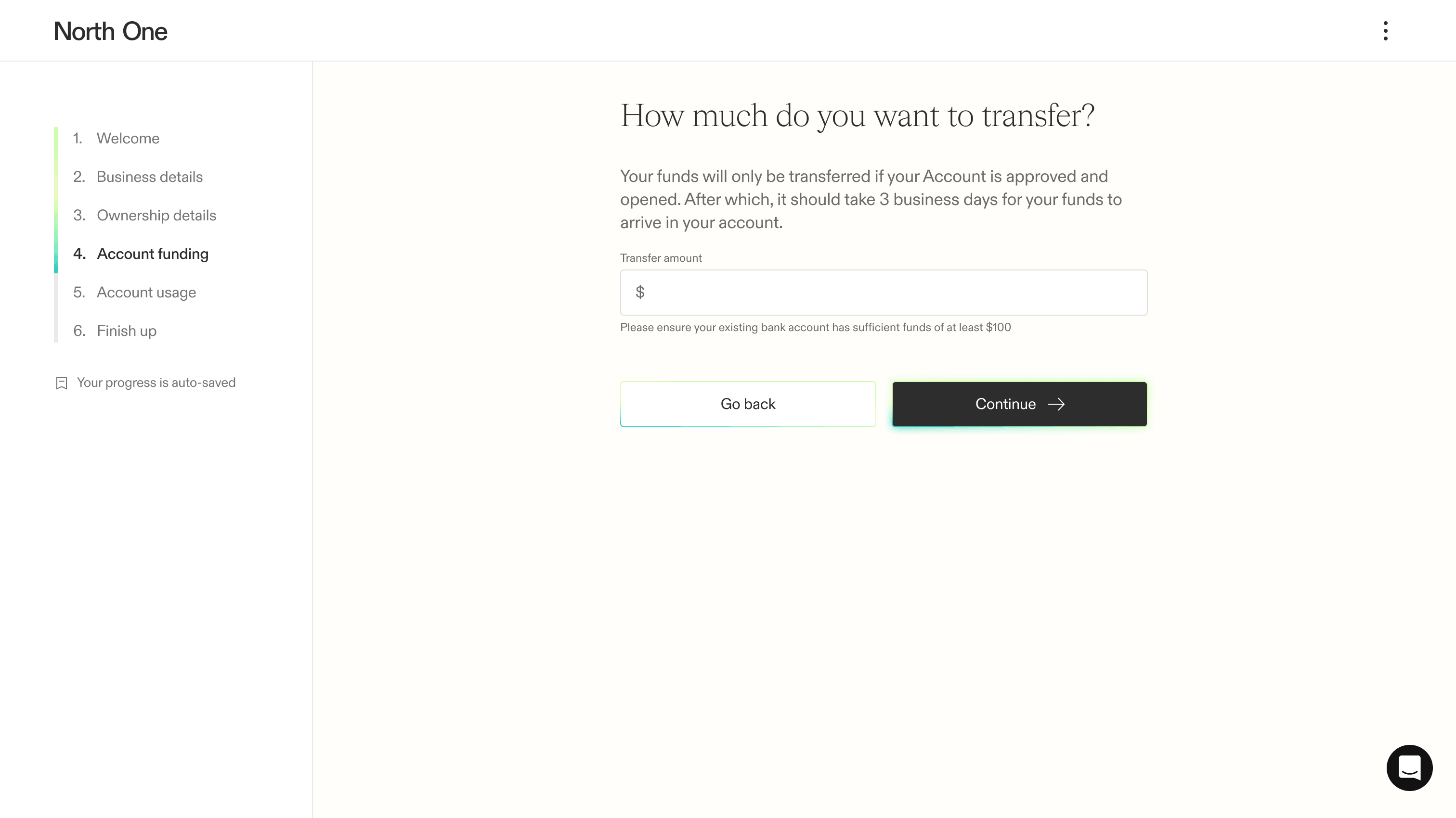 Screenshot from the North One sign up flow of the funding amount screen