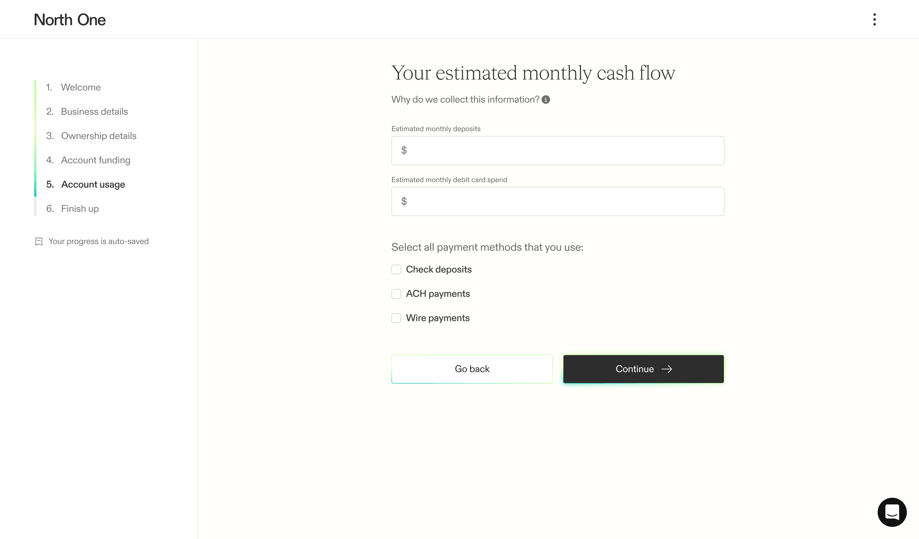 Screenshot from the North One sign-up flow of the usage screen