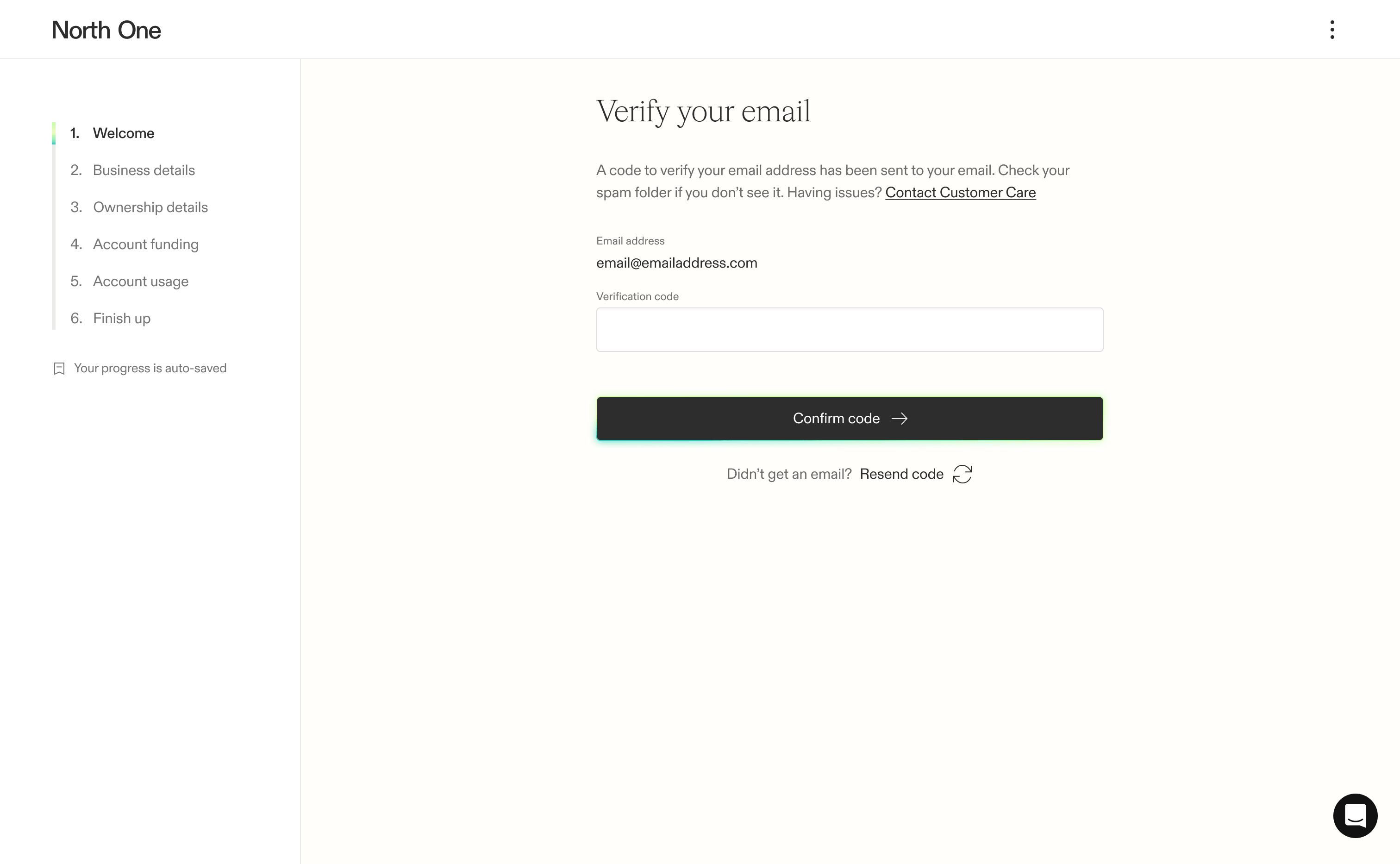 Screenshot from the North One sign up flow of the email verification screen