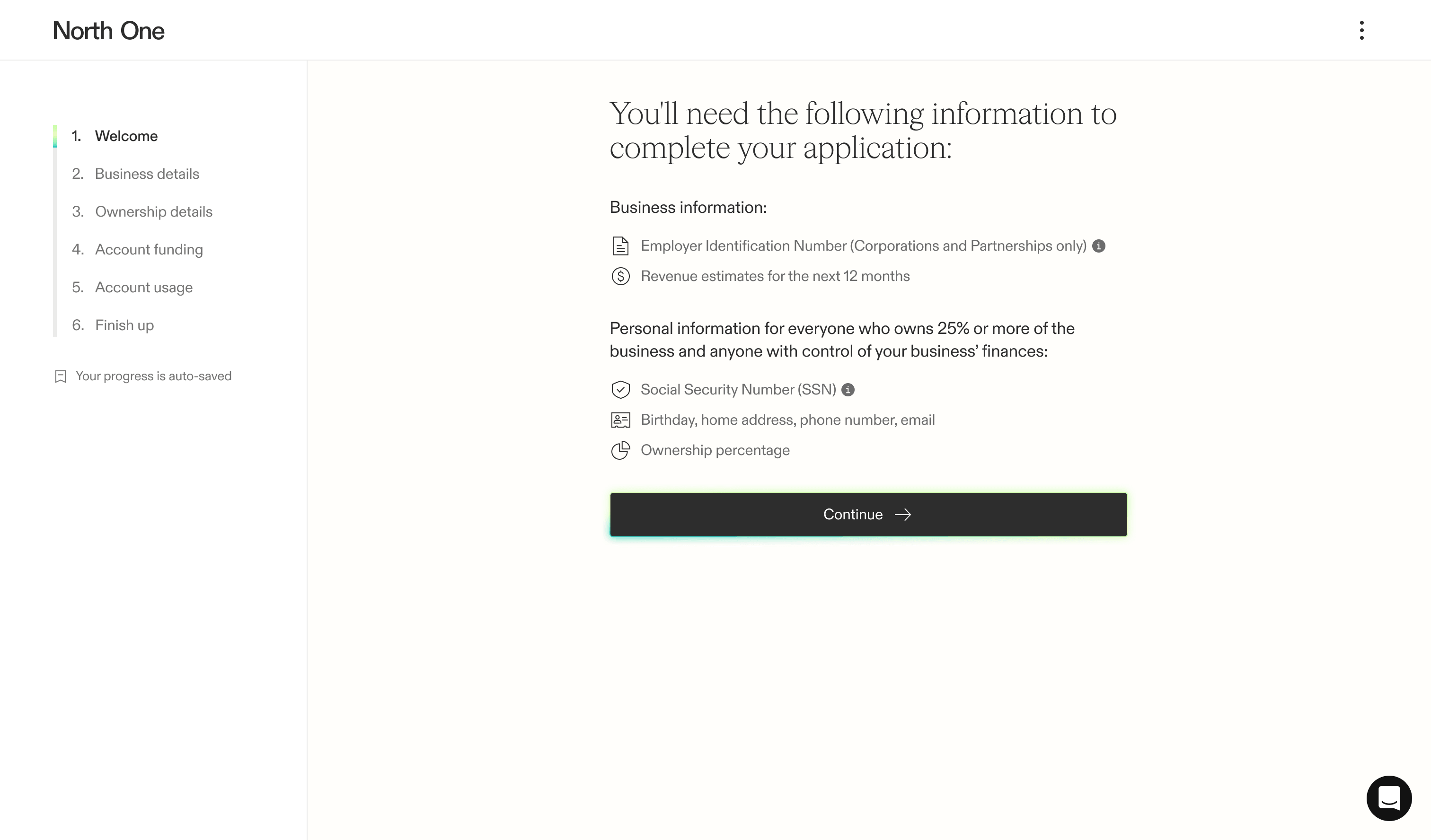 Screenshot from the North One sign up flow of the welcome screen