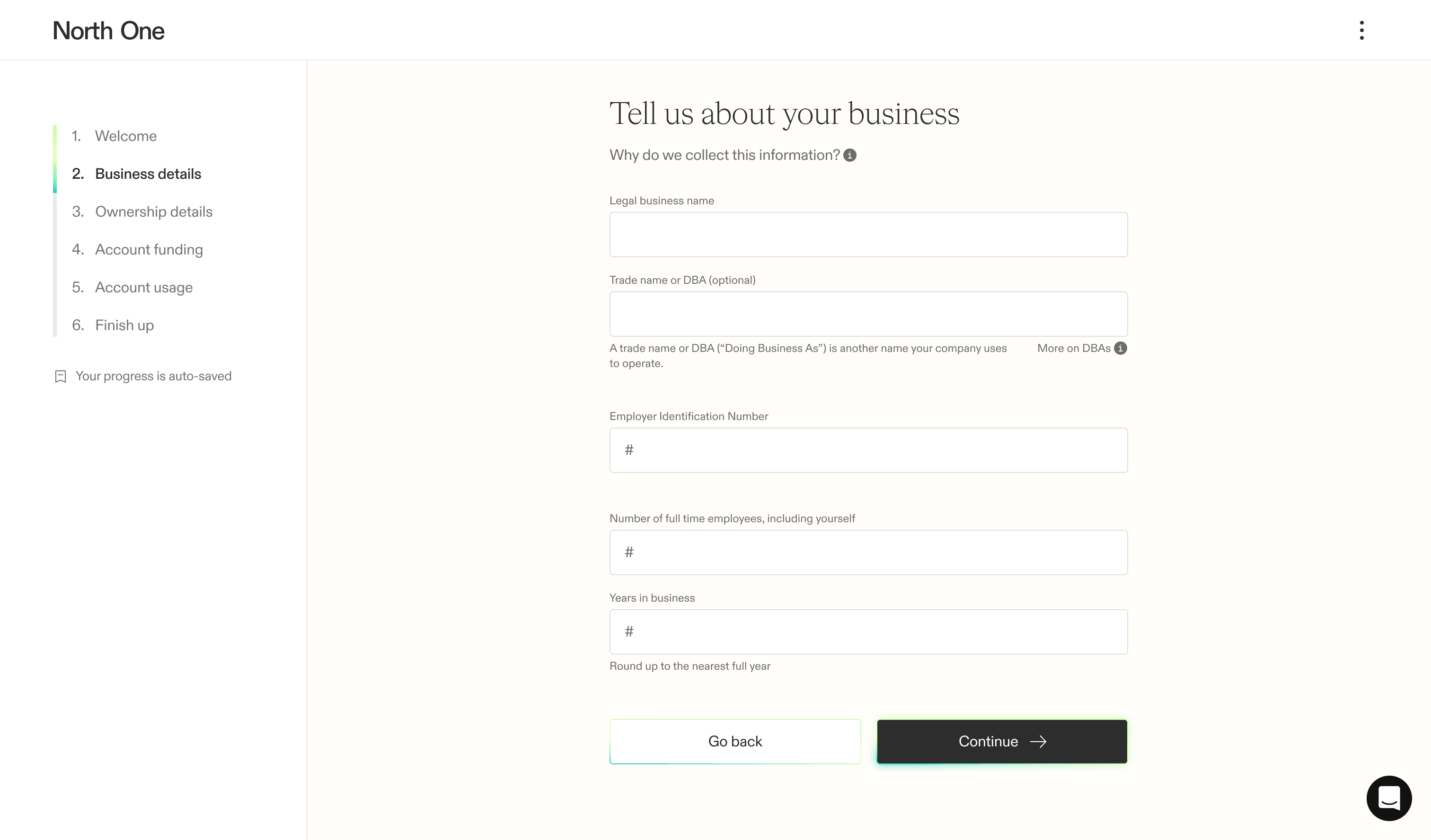 Screenshot from the North One sign up flow of the business information screen