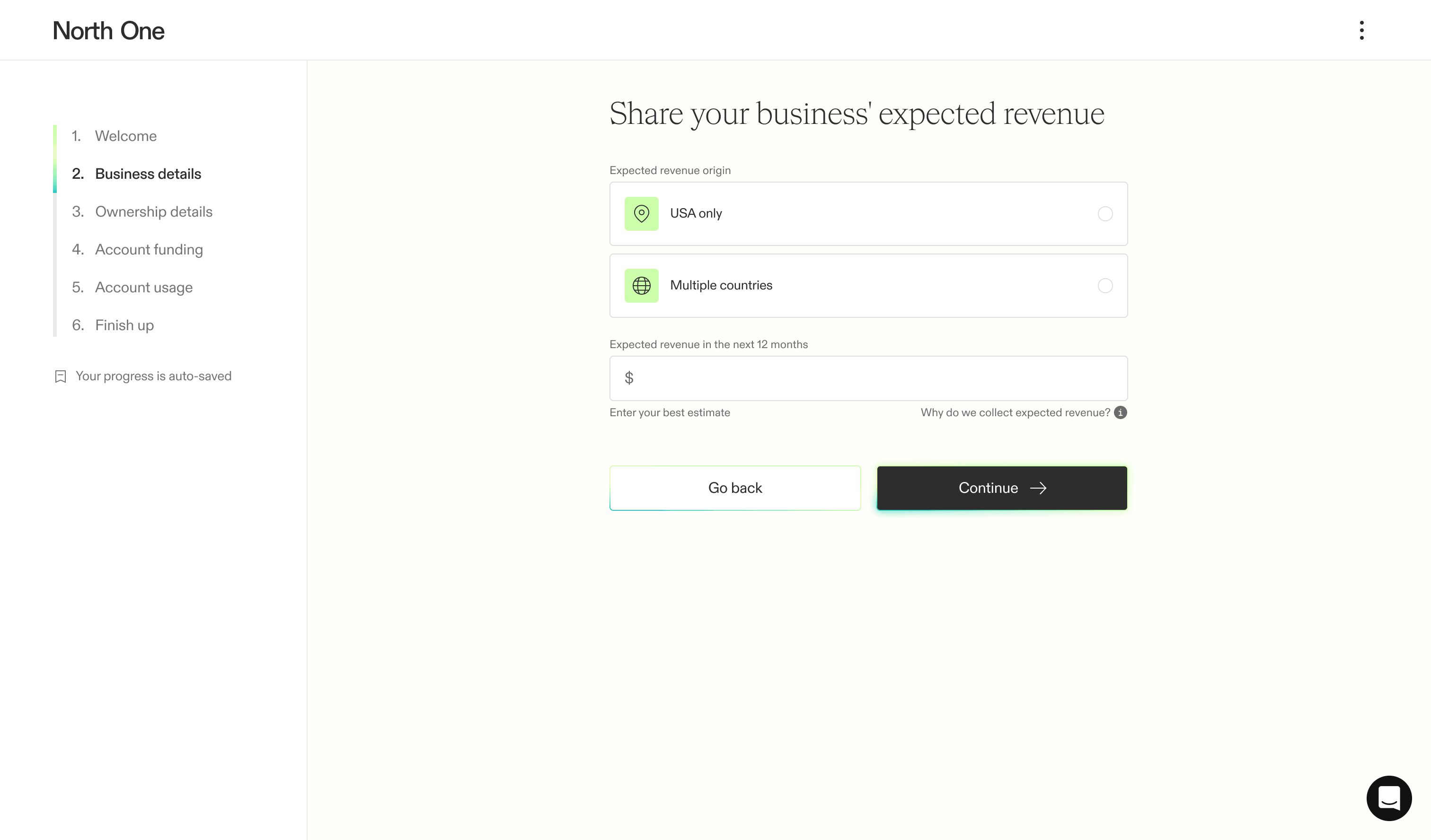 Screenshot from the North One sign up flow of the expected revenue screen