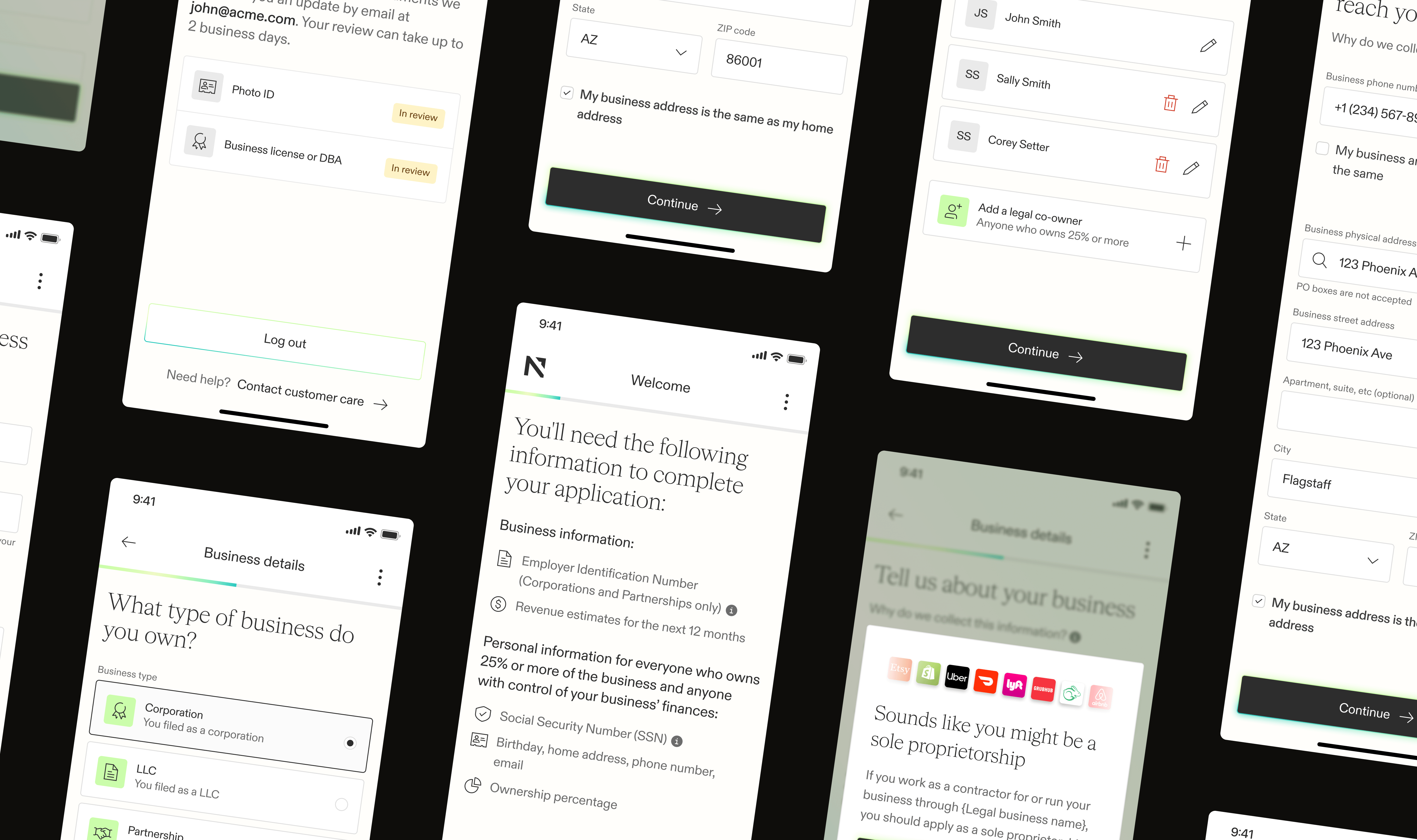 Screenshot grid of various screens from the North One sign up flow