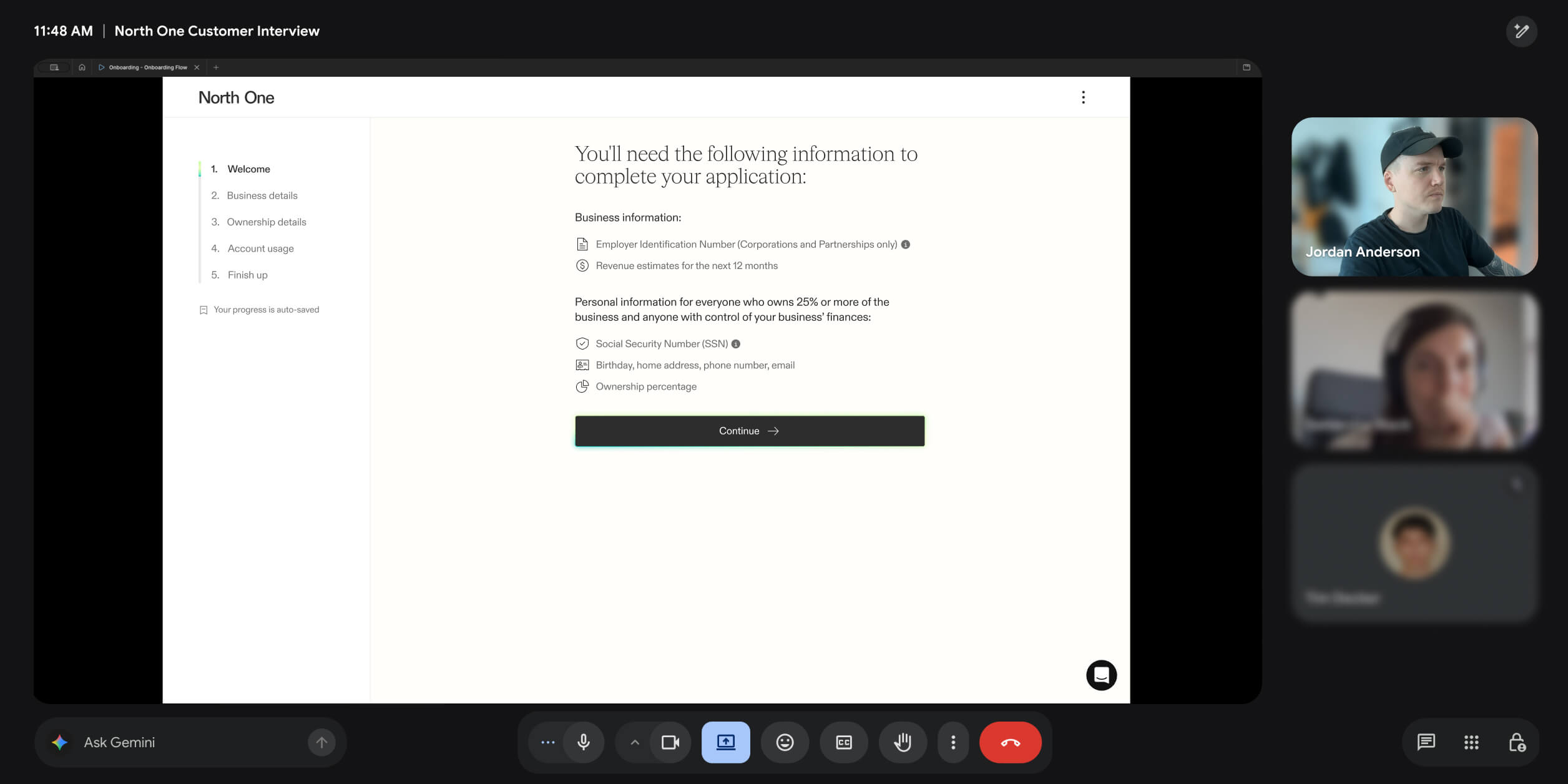 Another screenshot of a different North One customer and Jordan talking on a Google Meet call while looking at the new sign up flow