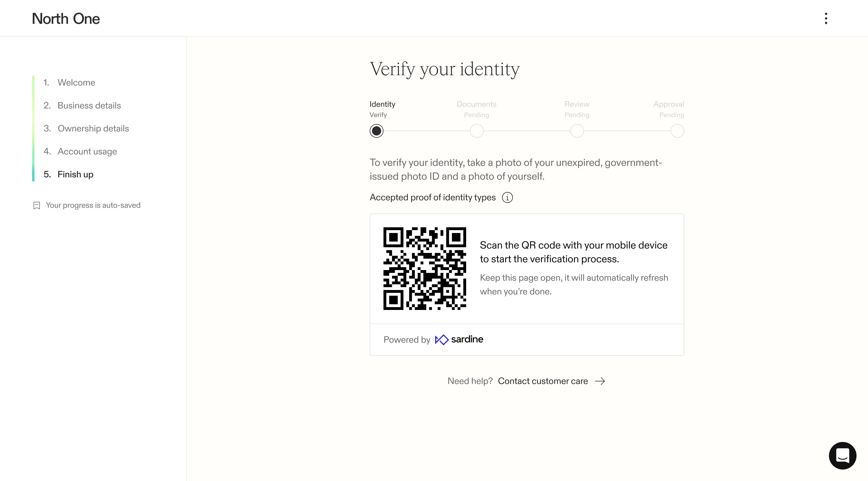 Screenshot from the North One sign up flow of the identity verification screen