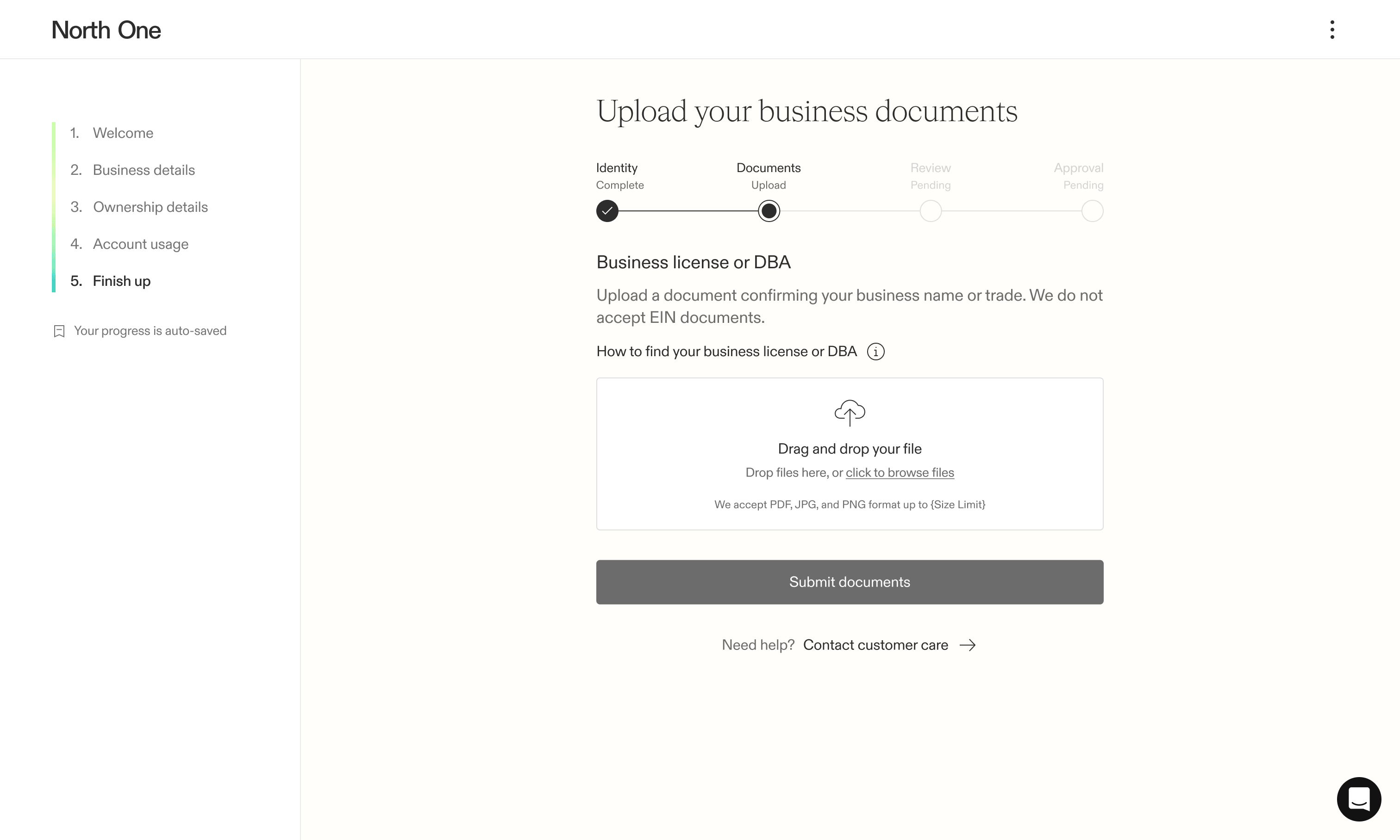 Screenshot from the North One sign up flow of the submit business documents screen