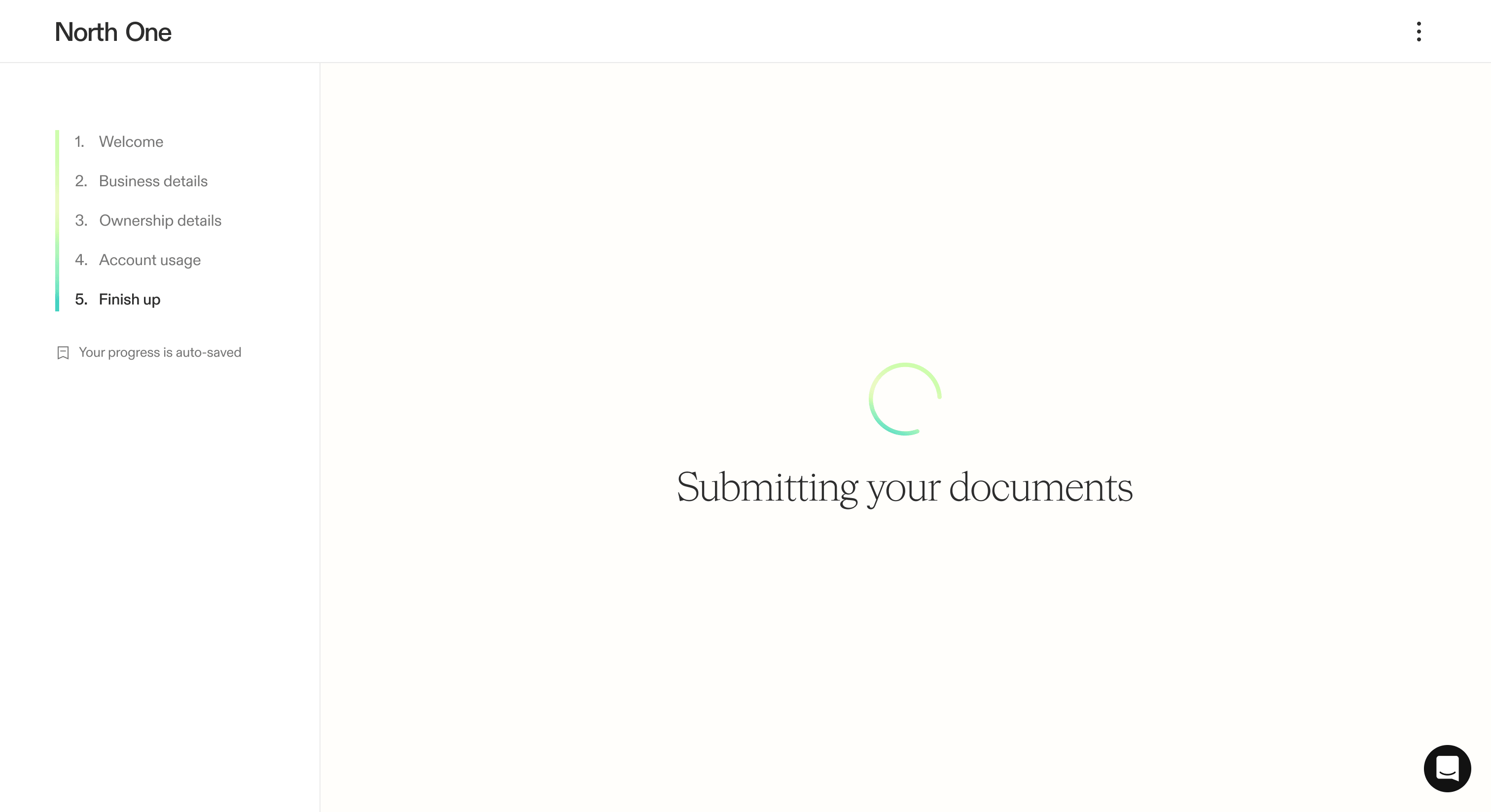 Screenshot from the North One sign up flow of the submitting documents loading screen