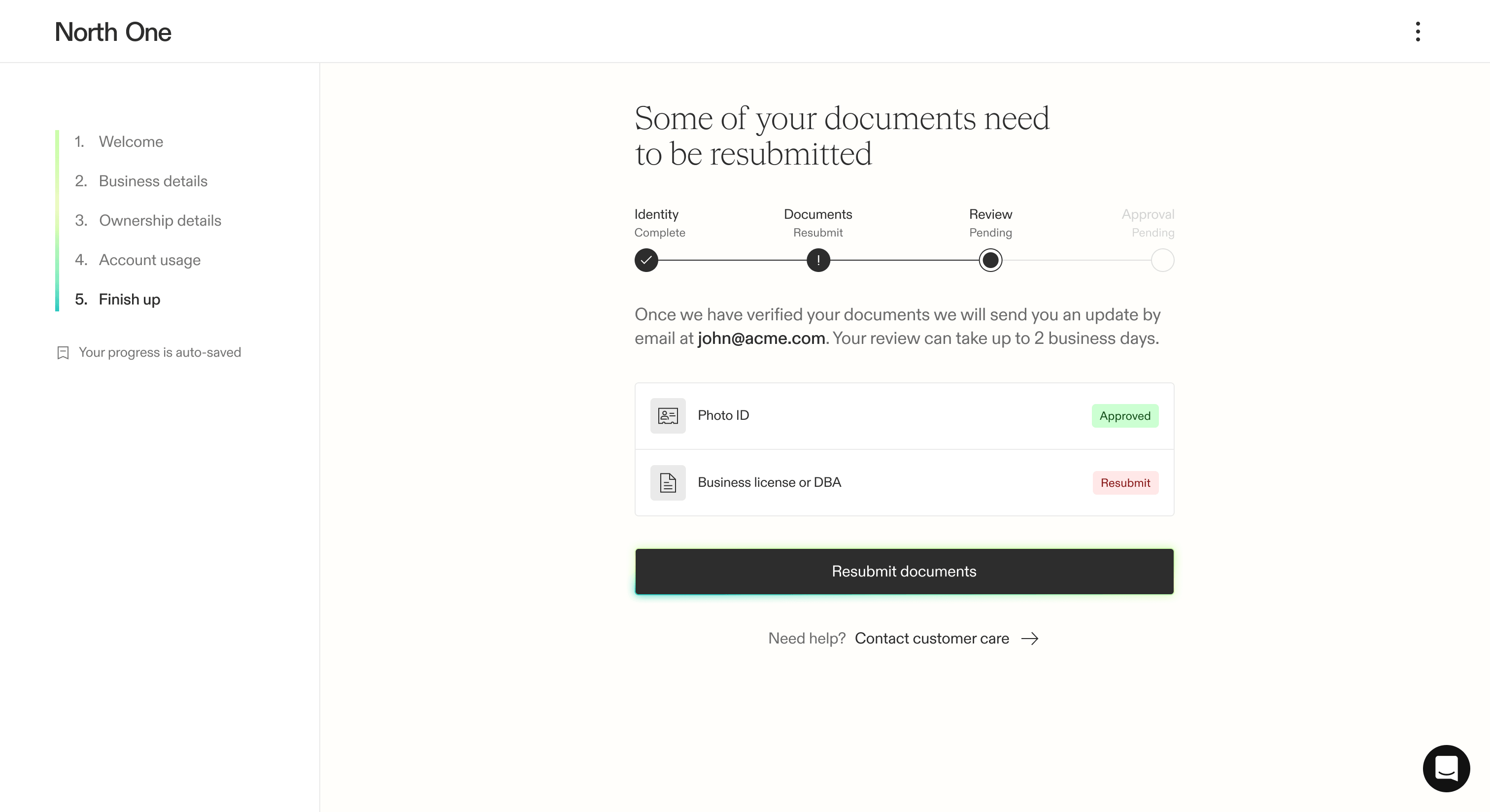 Screenshot from the North One sign up flow of the documents resubmit state