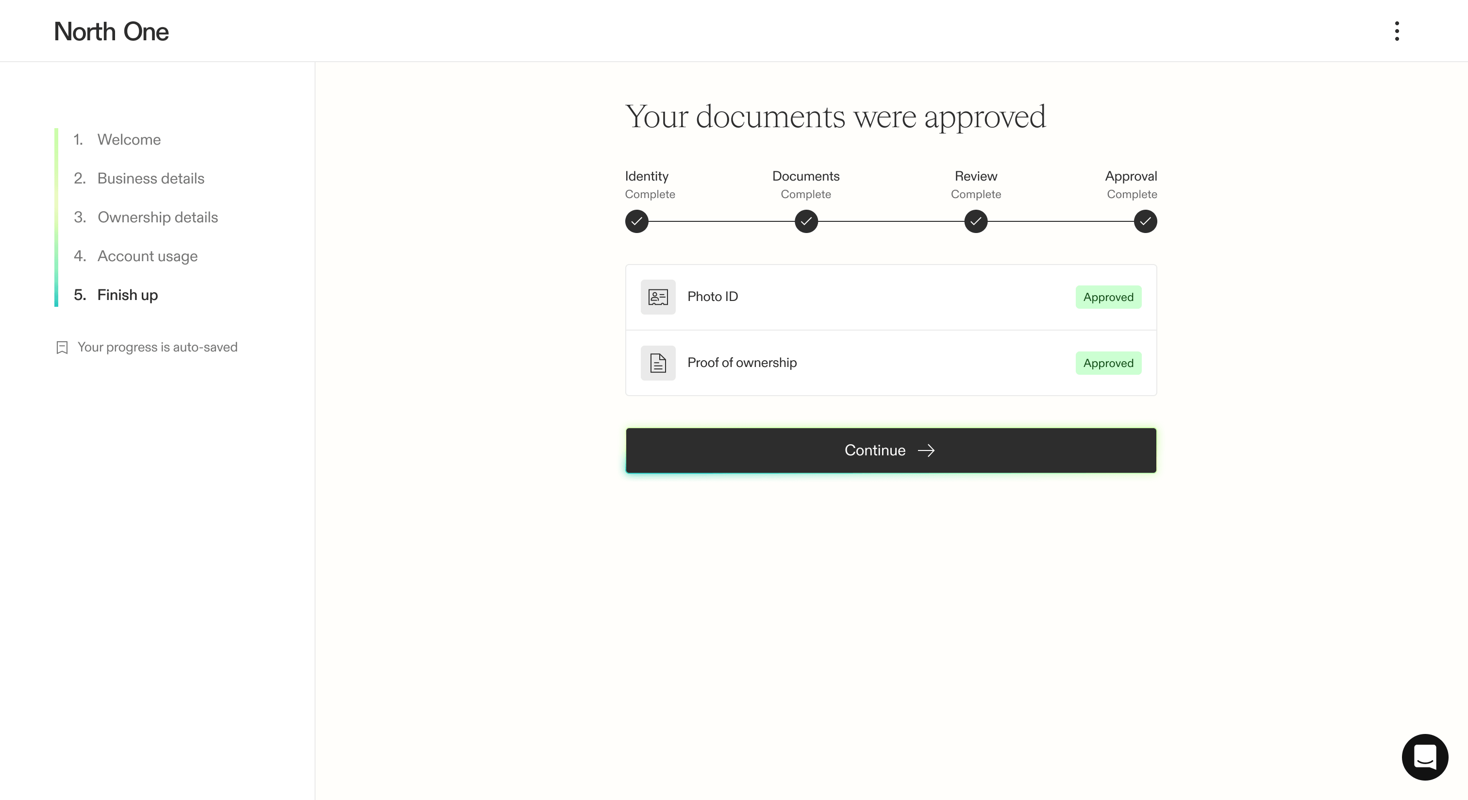 Screenshot from the North One sign up flow of the documents approved state
