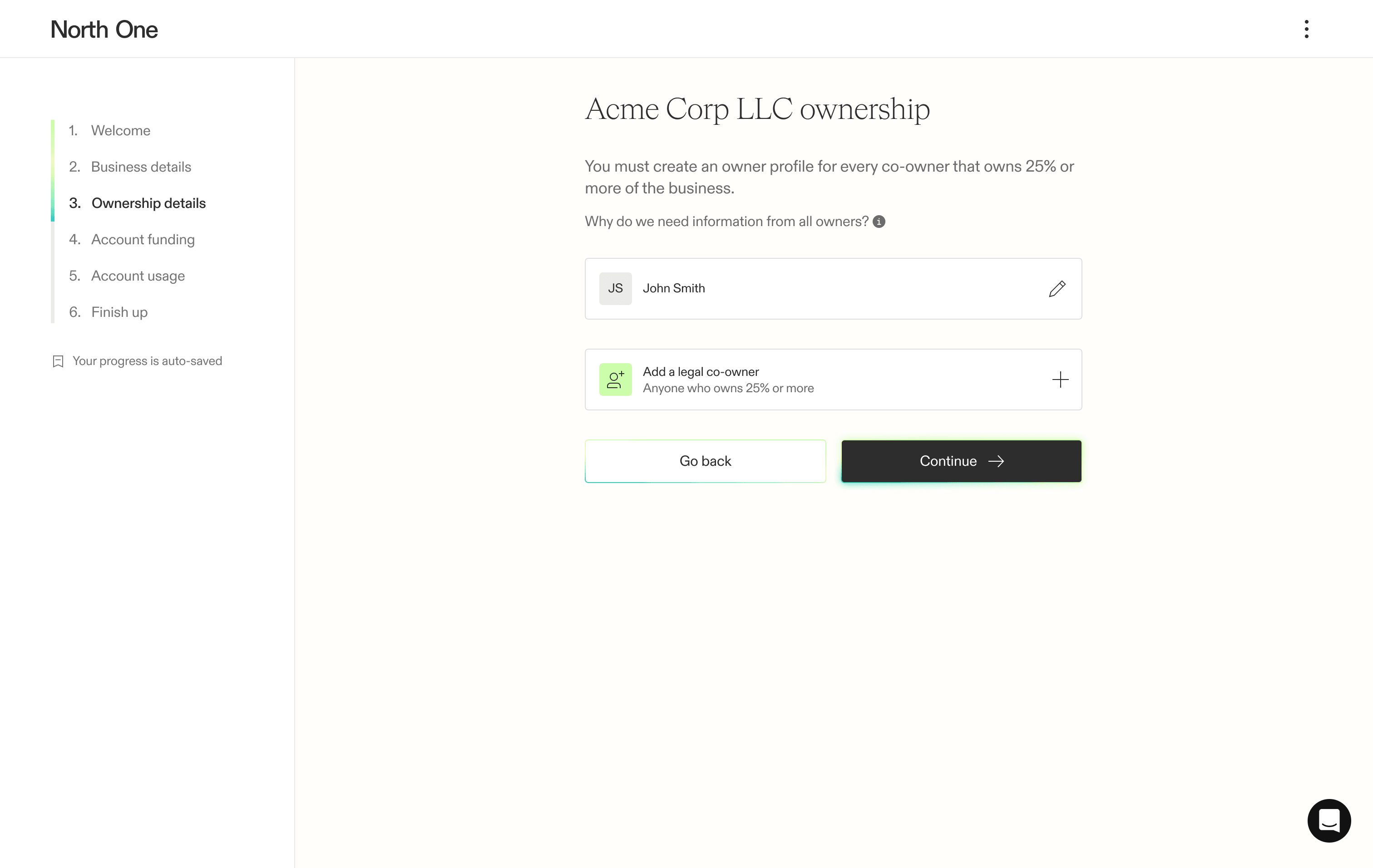 Screenshot from the North One sign up flow of the ownership hub screen