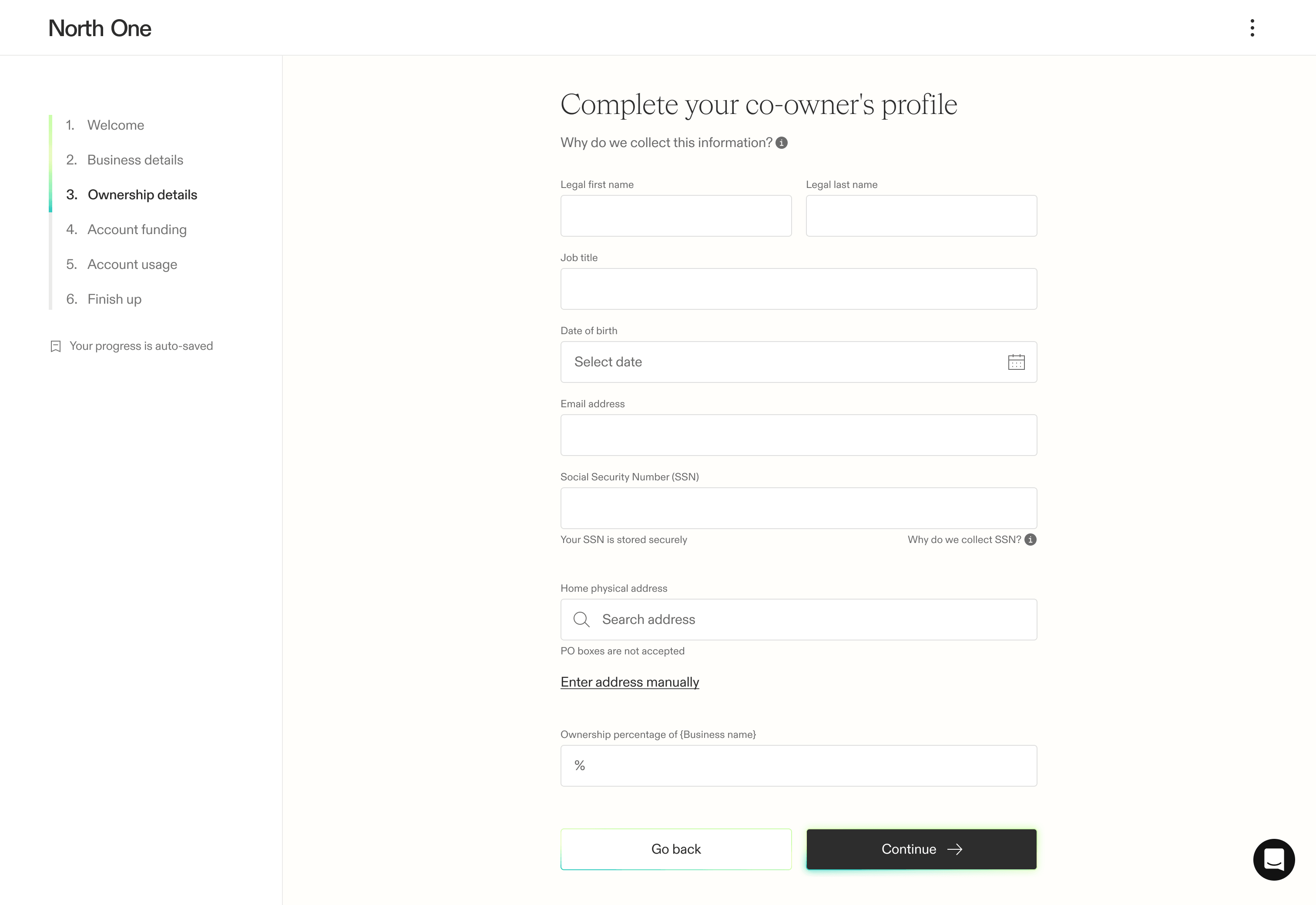 Screenshot from the North One sign up flow of the co-owner profile screen