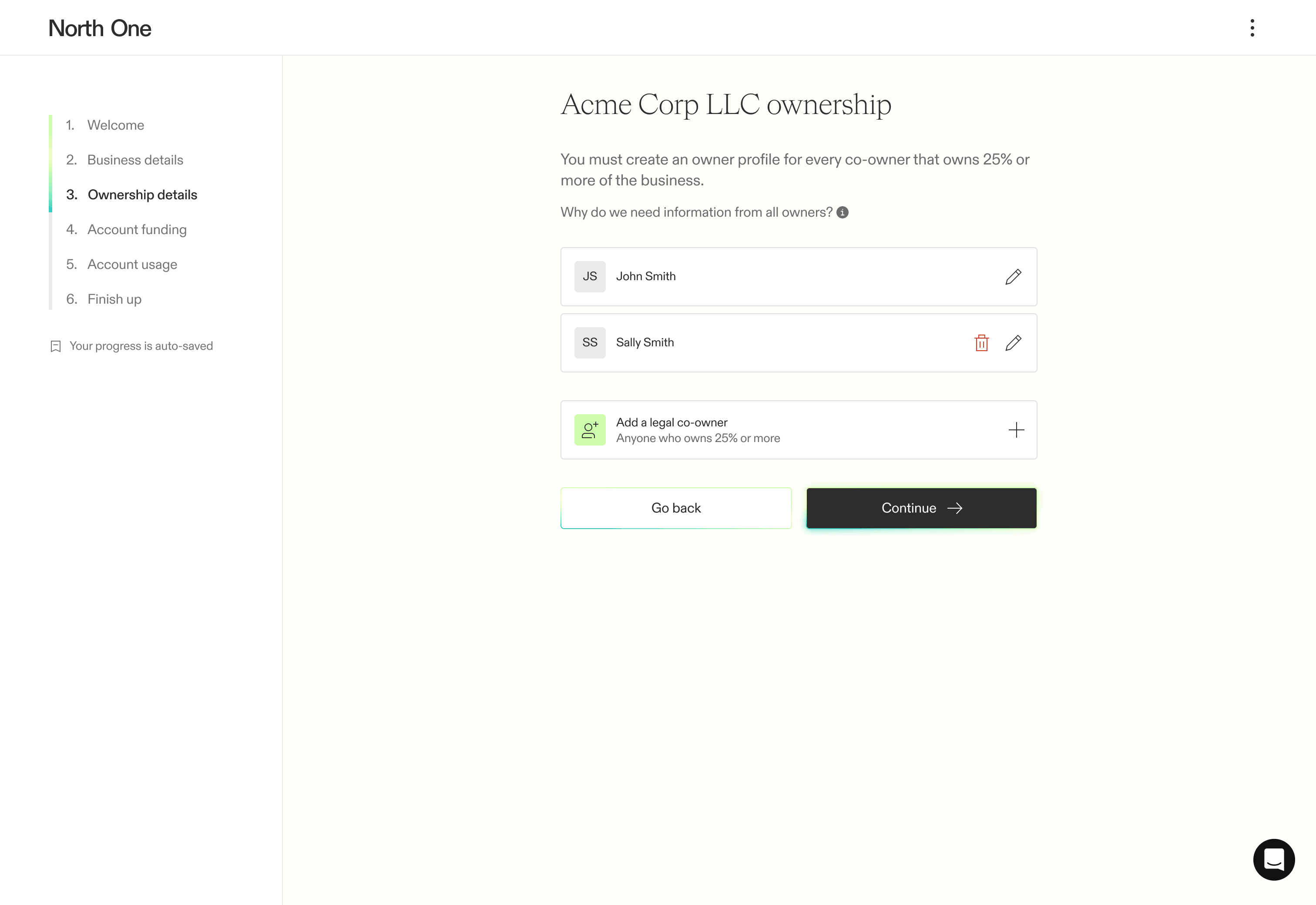 Screenshot from the North One sign up flow of the ownership hub screen with a co-owner added