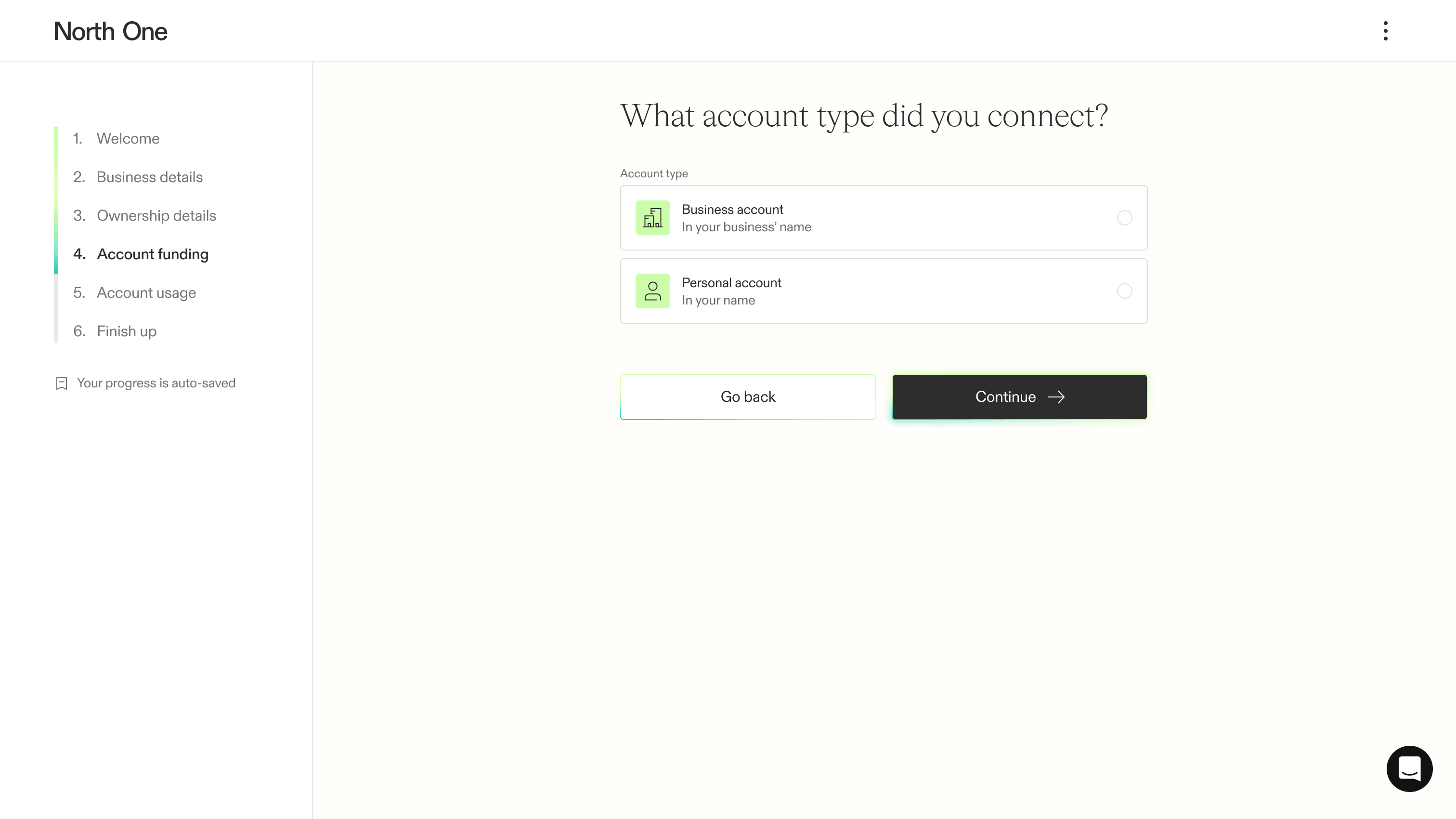 Screenshot from the North One sign up flow of the funding account selection screen