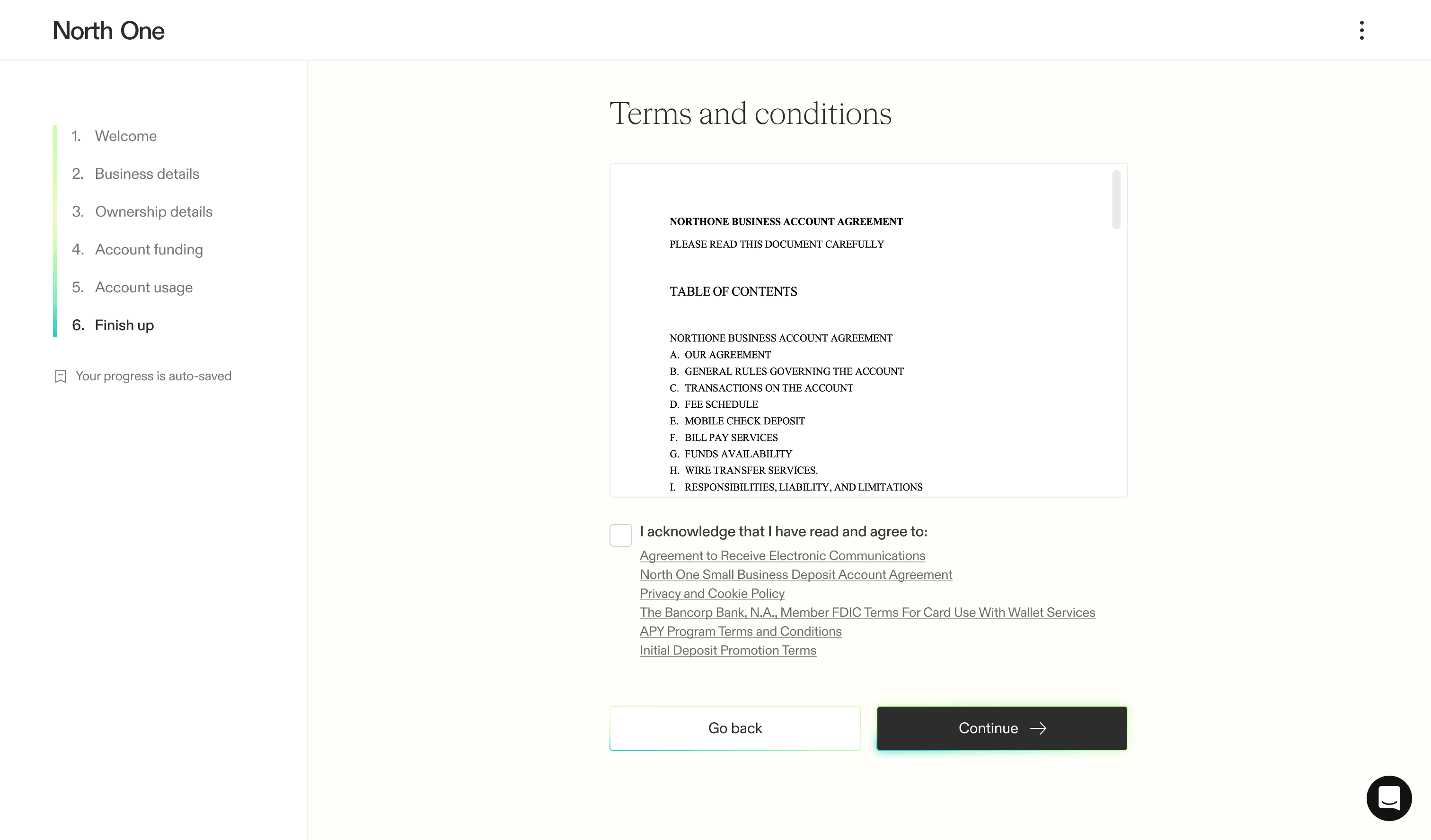 Screenshot from the North One sign-up flow of the terms and conditions screen