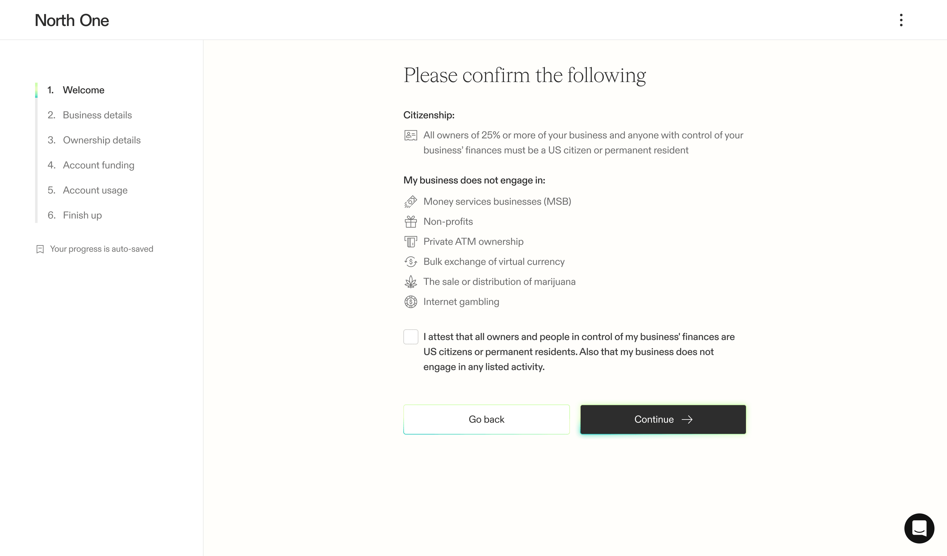 Screenshot from the North One sign up flow of the attestations screen