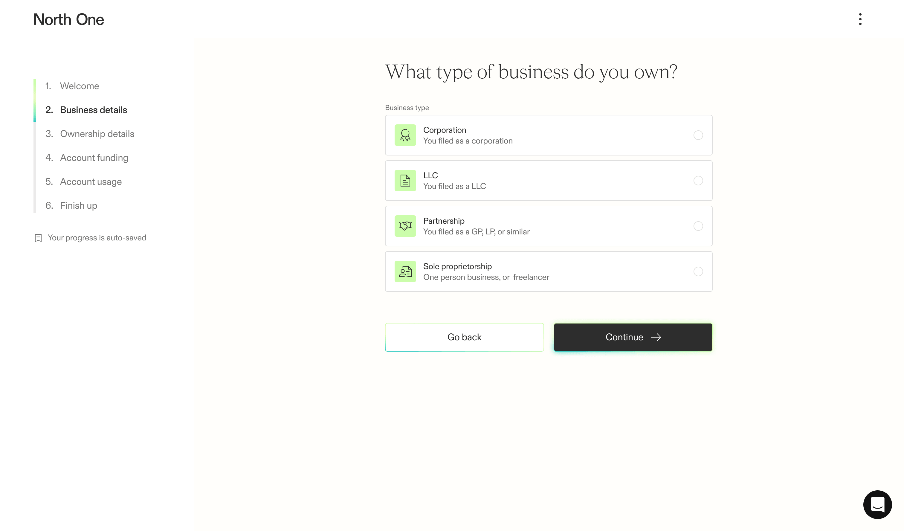 Screenshot from the North One sign up flow of the business type selection screen