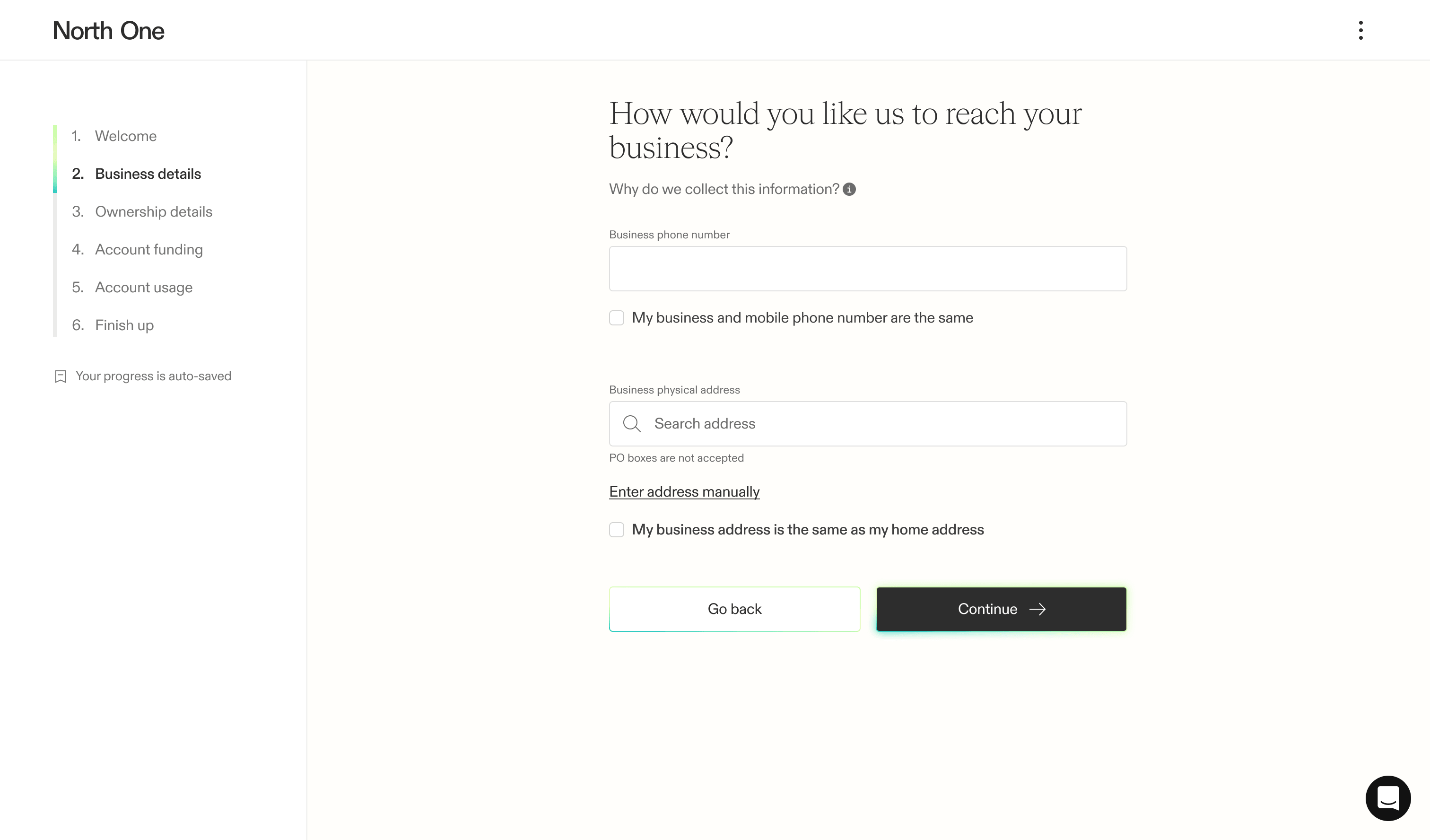 Screenshot from the North One sign up flow of the business contact screen