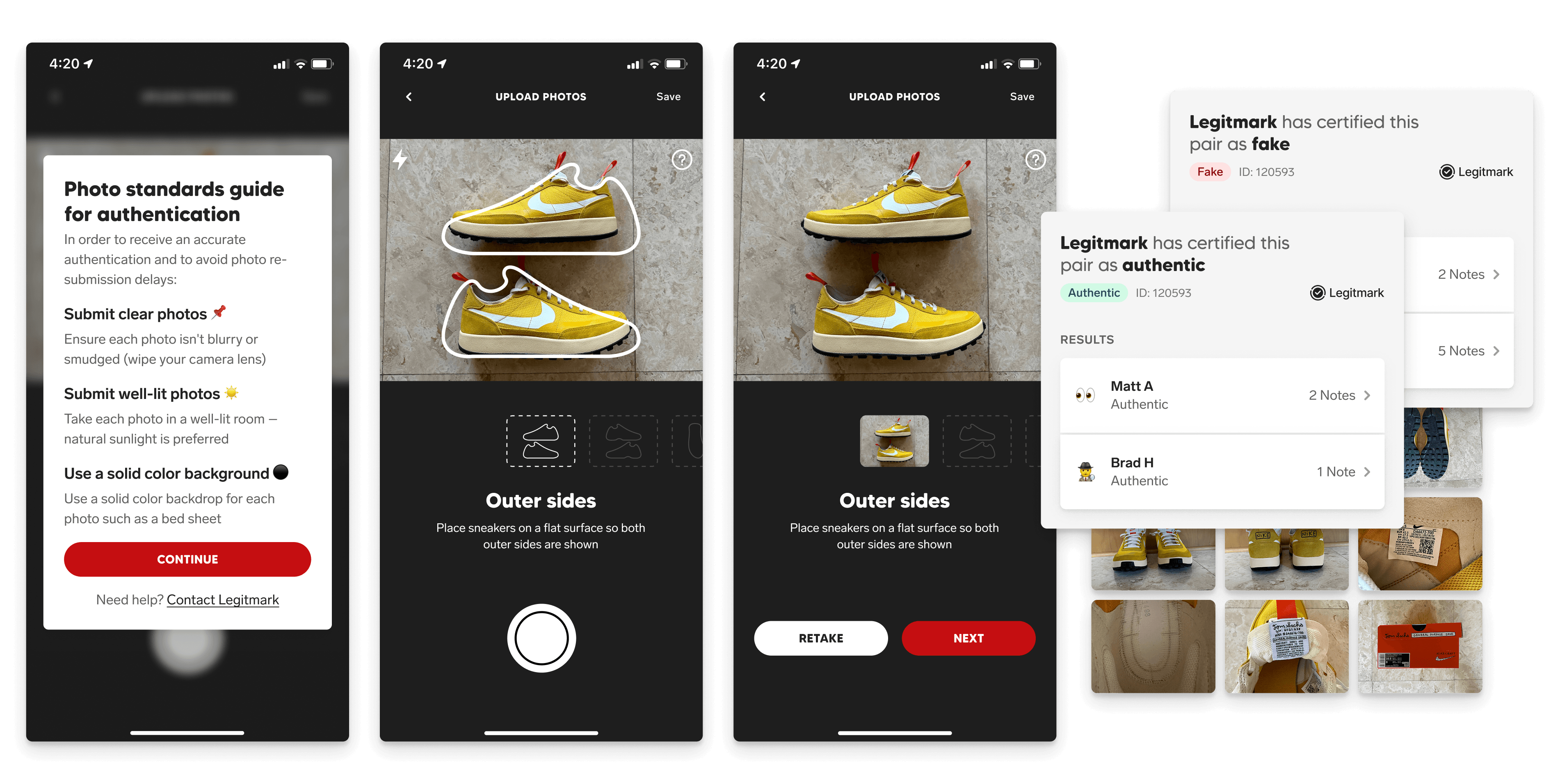 A collage of three full-screen app screenshots as well as small highlight screenshots from various aspects of the user interface. The three full screenshots show different steps of the authentication photo-taking process, while the highlights show a fake and an authentic outcome to the flow.