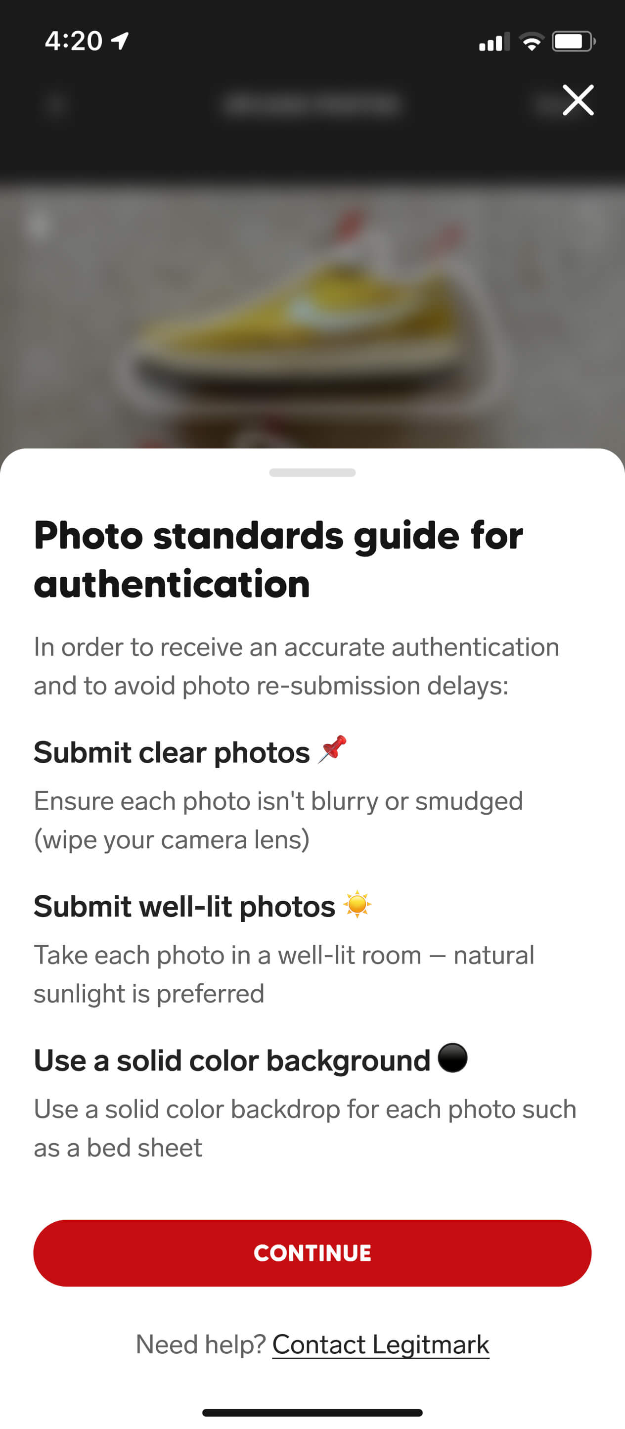 A screenshot from the Collect mobile app showing the authentication instructions screen design