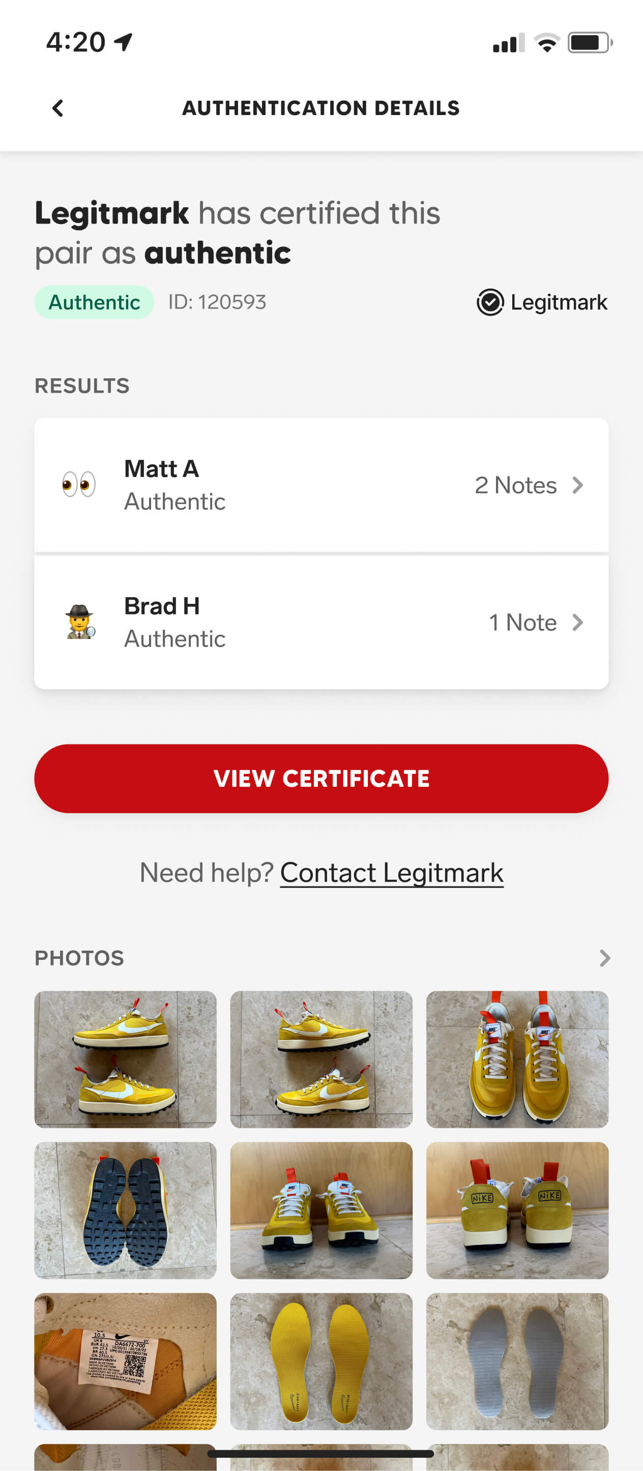 A screenshot from the Collect mobile app showing the authentication results screen design