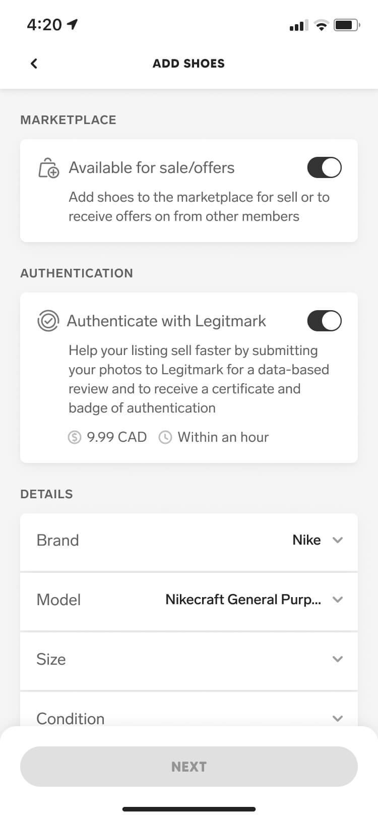 Screenshot from the Collect authentication feature of the add shoes screen with authentication enabled