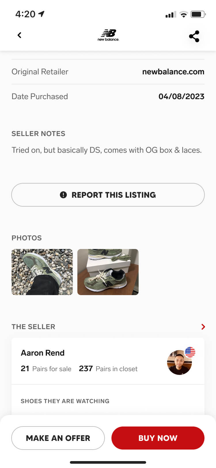 Screenshot from the Collect authentication feature of the sneaker listing screen scrolled down