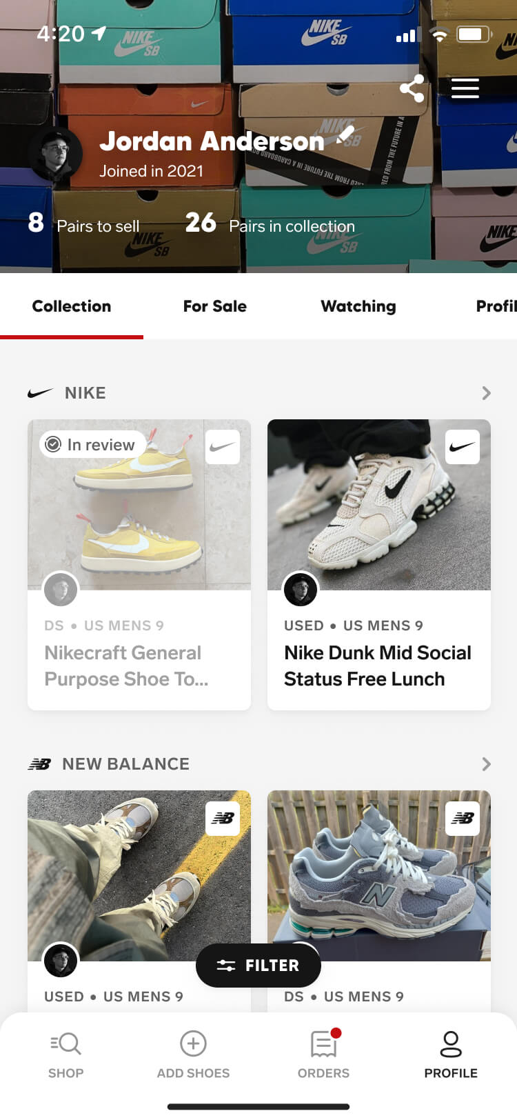 Screenshot from the Collect authentication feature of the user profile screen with a sneaker authentication in review