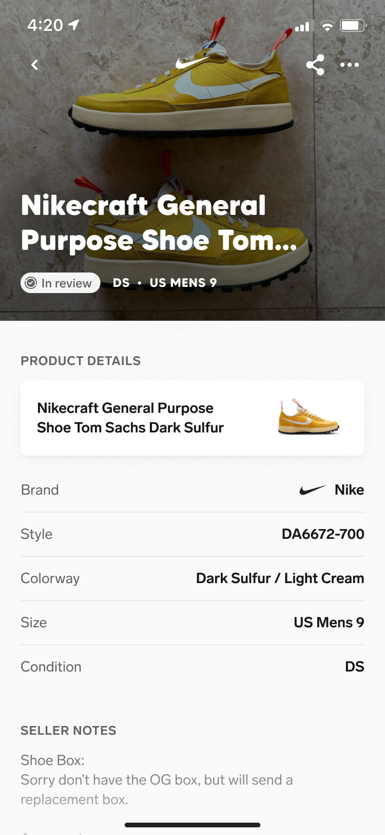 Screenshot from the Collect authentication feature of the sneaker listing screen with an in-review authentication state