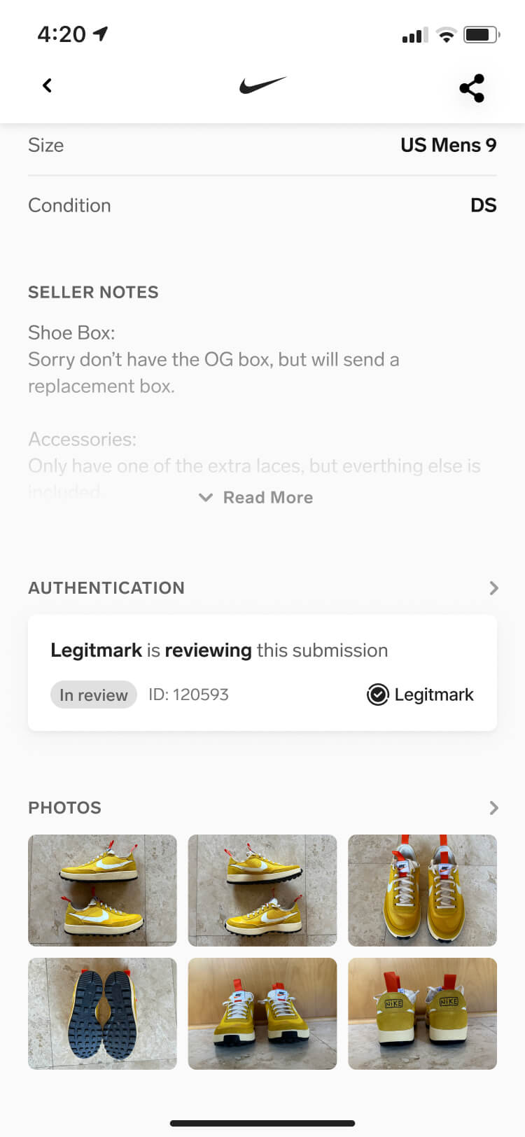 Screenshot from the Collect authentication feature of the sneaker listing screen with an in-review authentication state scrolled down