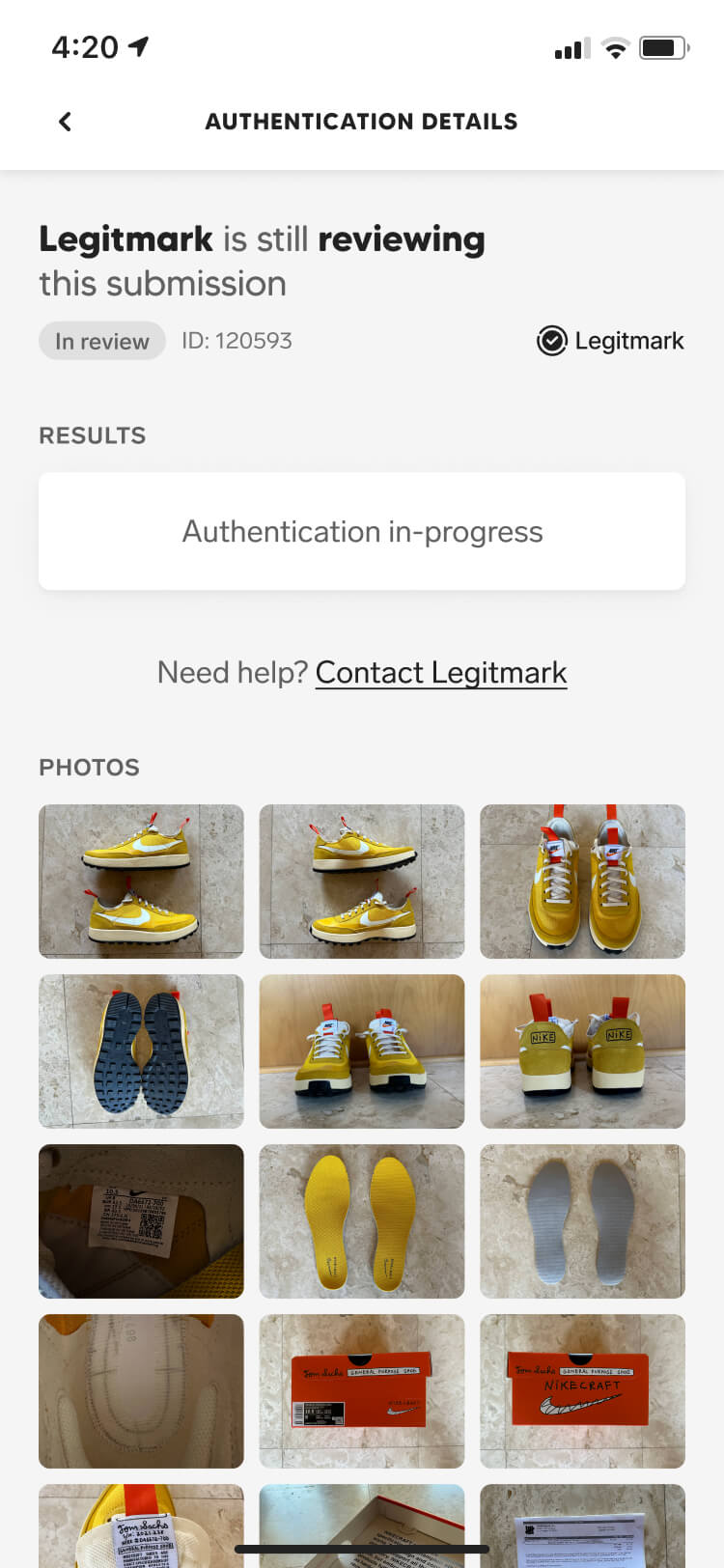 Screenshot from the Collect authentication feature of the authentication detail screen with an in-review state