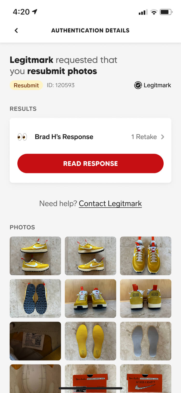 Screenshot from the Collect authentication feature of the authentication detail screen with a resubmit state