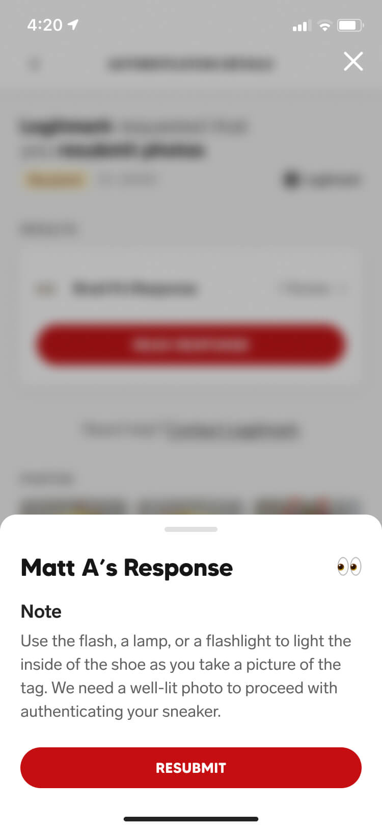 Screenshot from the Collect authentication feature of the resubmission note drawer