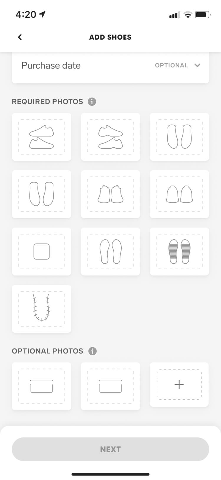 Screenshot from the Collect authentication feature of the add shoes screen with authentication enabled scrolled down