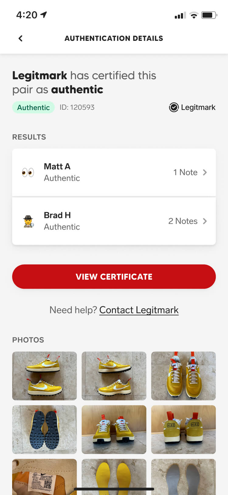 Screenshot from the Collect authentication feature of the authentication detail screen with an authentic state
