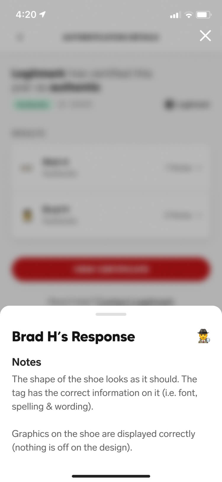 Screenshot from the Collect authentication feature of the authentication note drawer