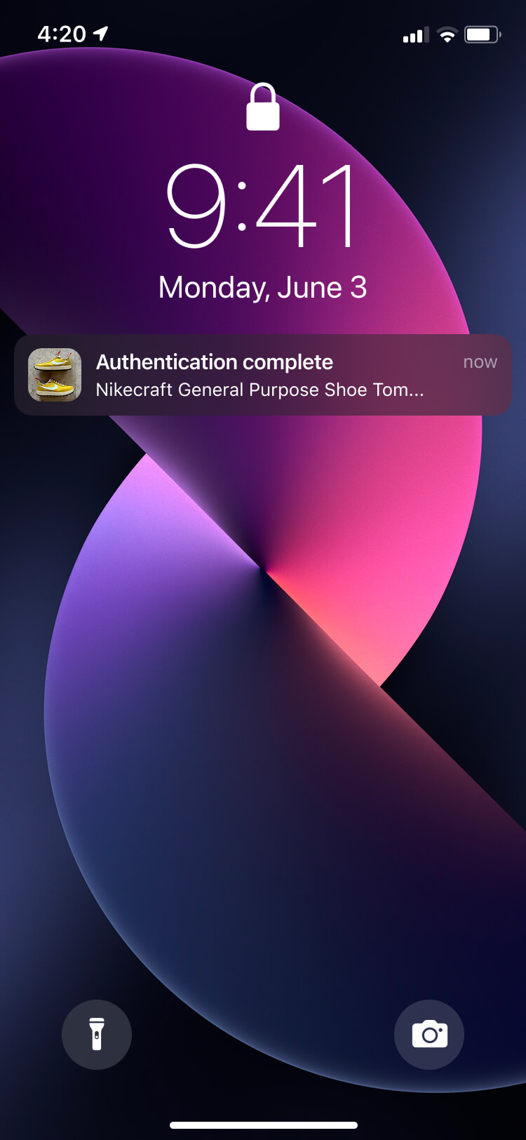 Screenshot from the Collect authentication feature of the authentication complete notification for a fake result