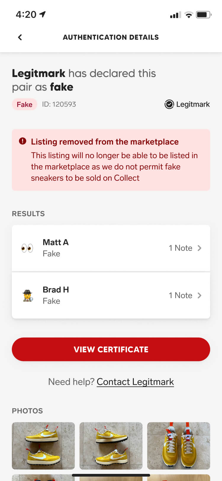 Screenshot from the Collect authentication feature of the authentication detail screen with a fake state