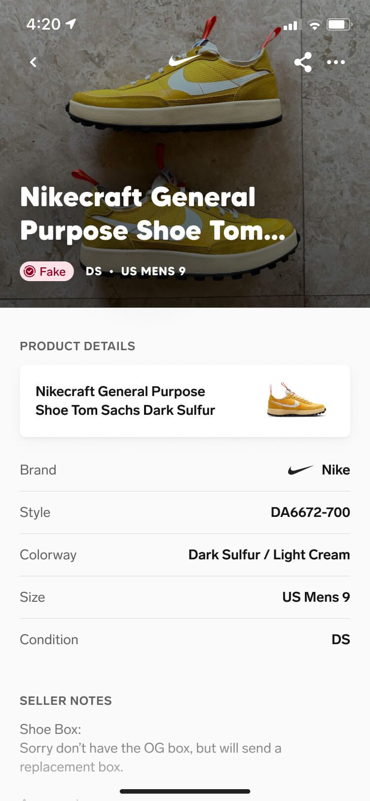Screenshot from the Collect authentication feature of the sneaker listing screen with a fake authentication state