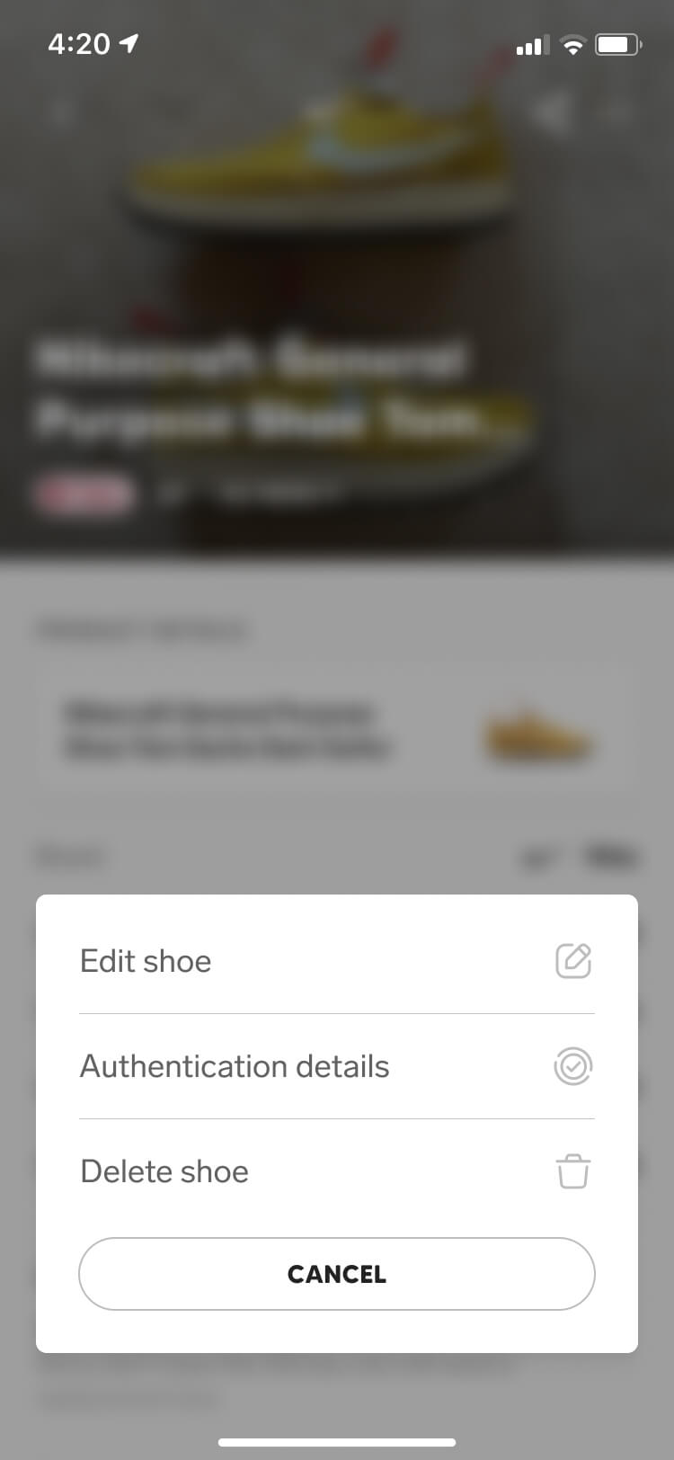Screenshot from the Collect authentication feature of the edit sneaker listing screen showing users can no longer list fake sneakers in the marketplace